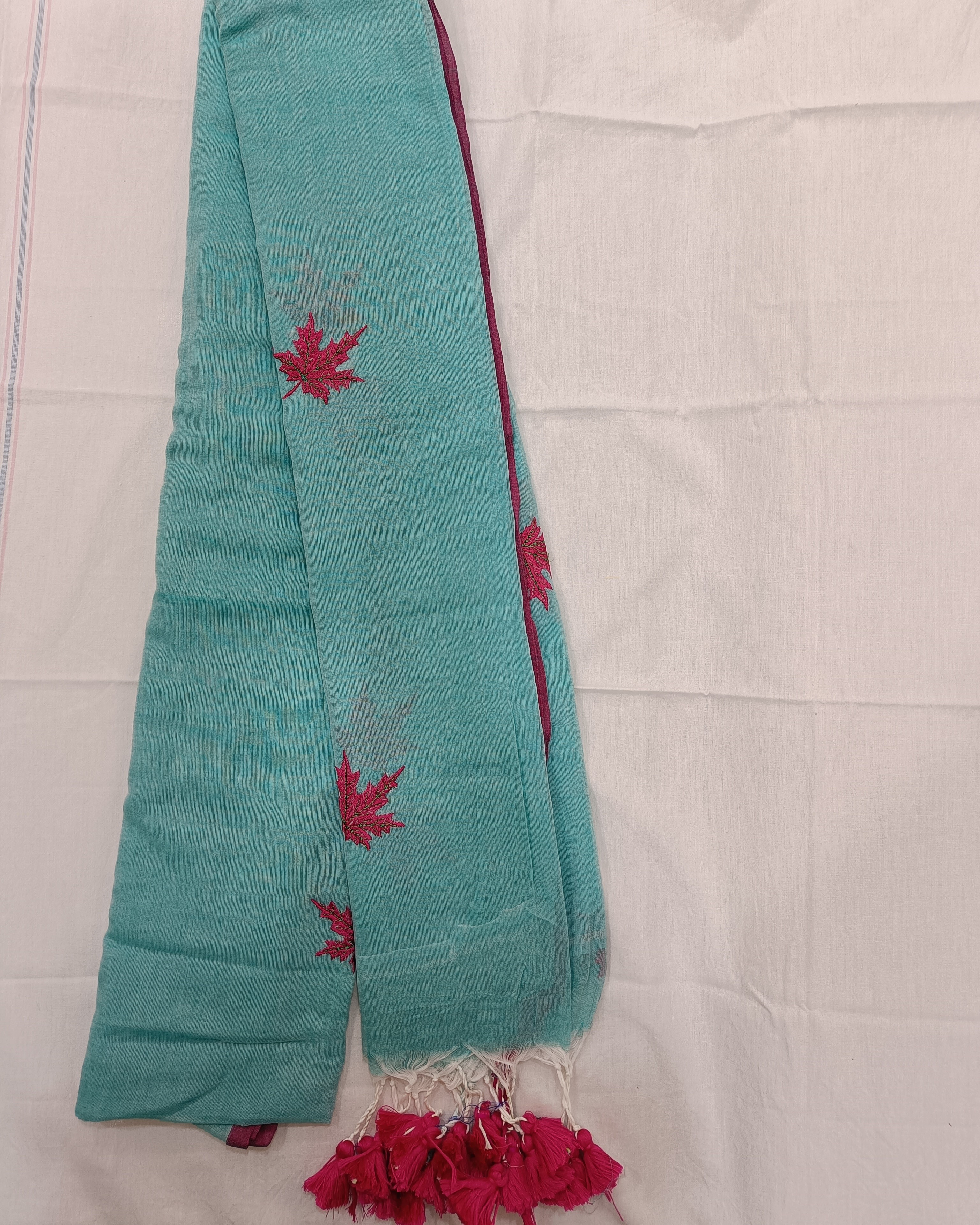 Blue Mulmul Saree With Pink Maple Leaves Embroidery