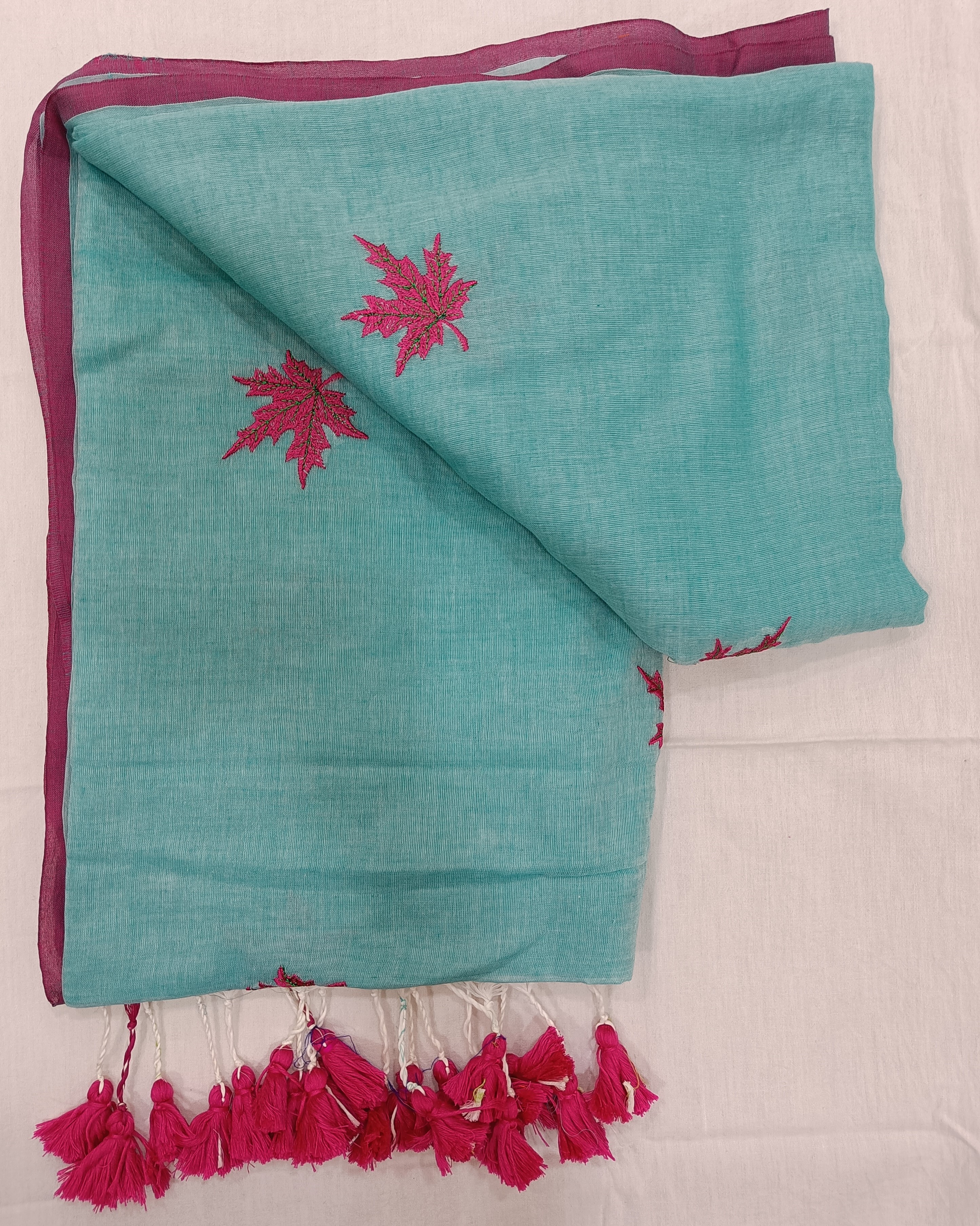 Blue Mulmul Saree With Pink Maple Leaves Embroidery
