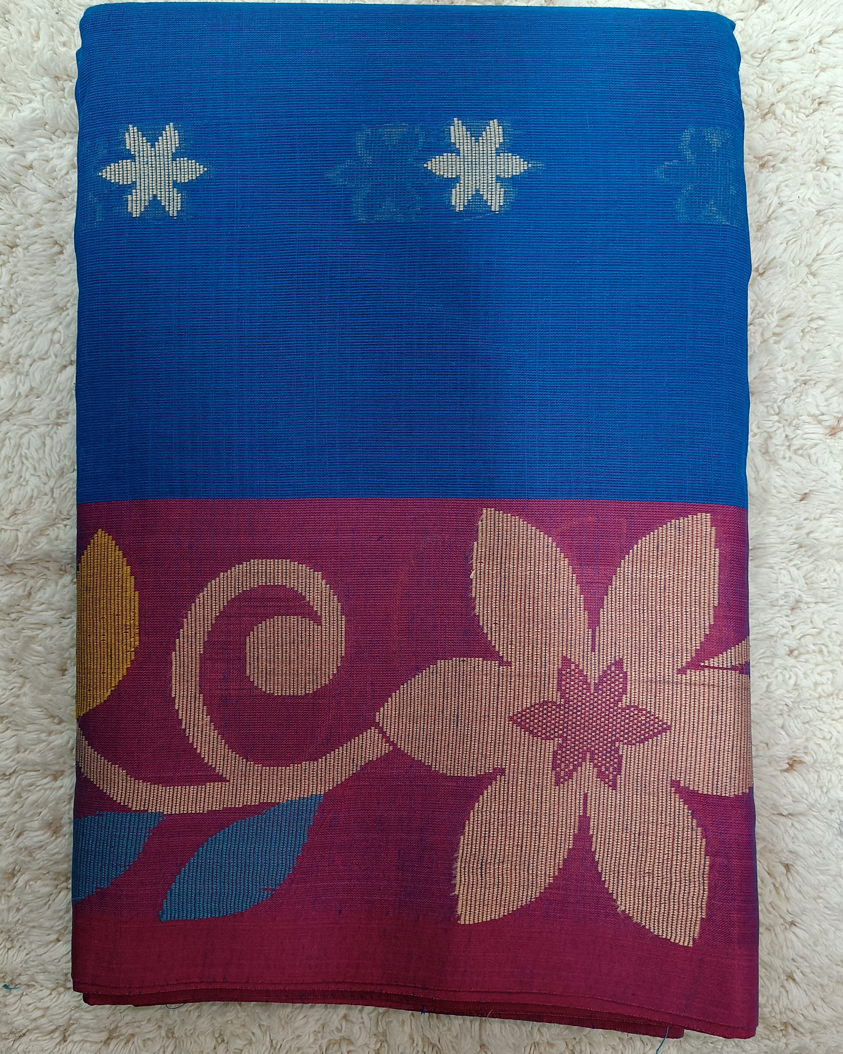 Blue Cotton Saree with Flower Pattern