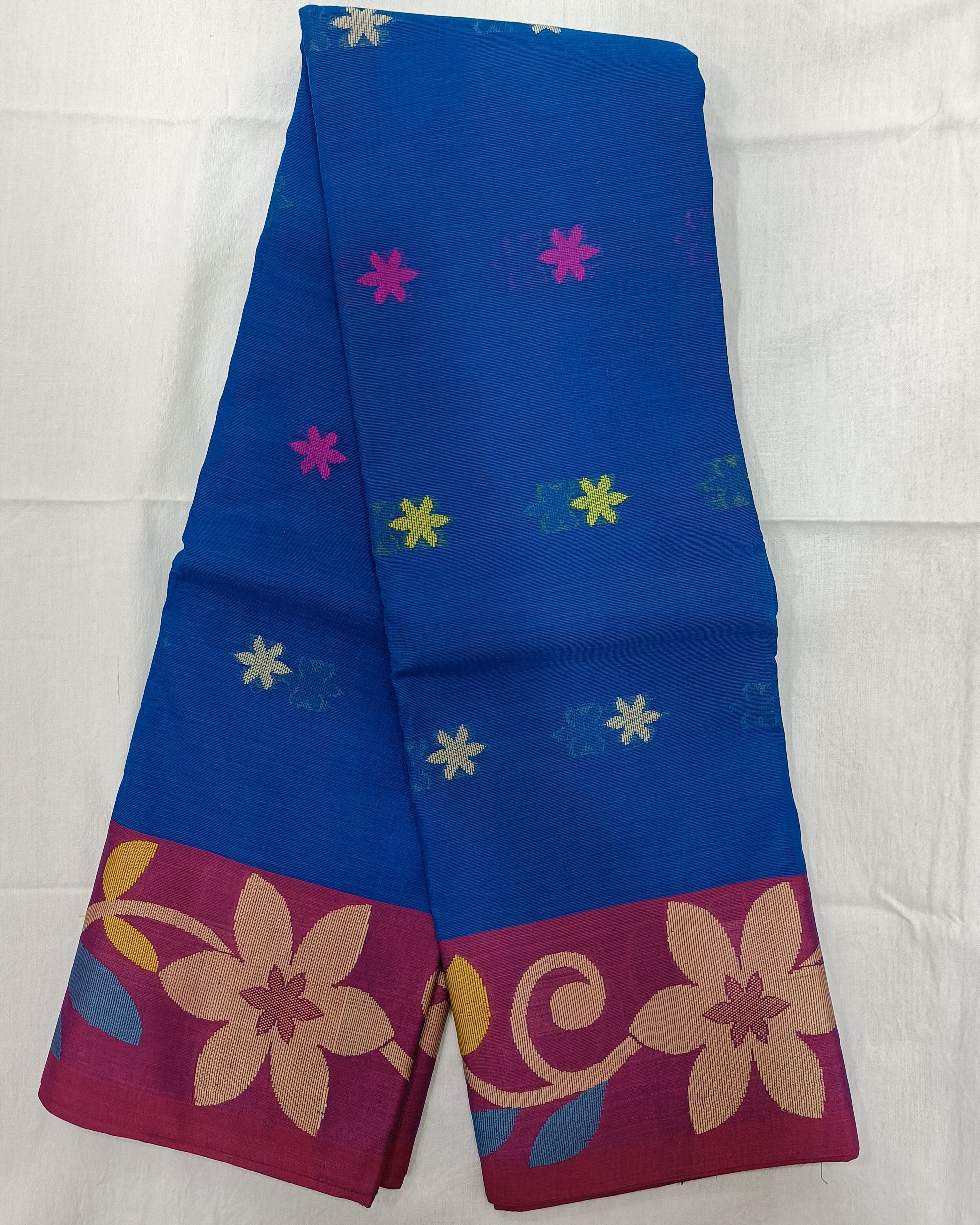 Blue Cotton Saree with Flower Pattern