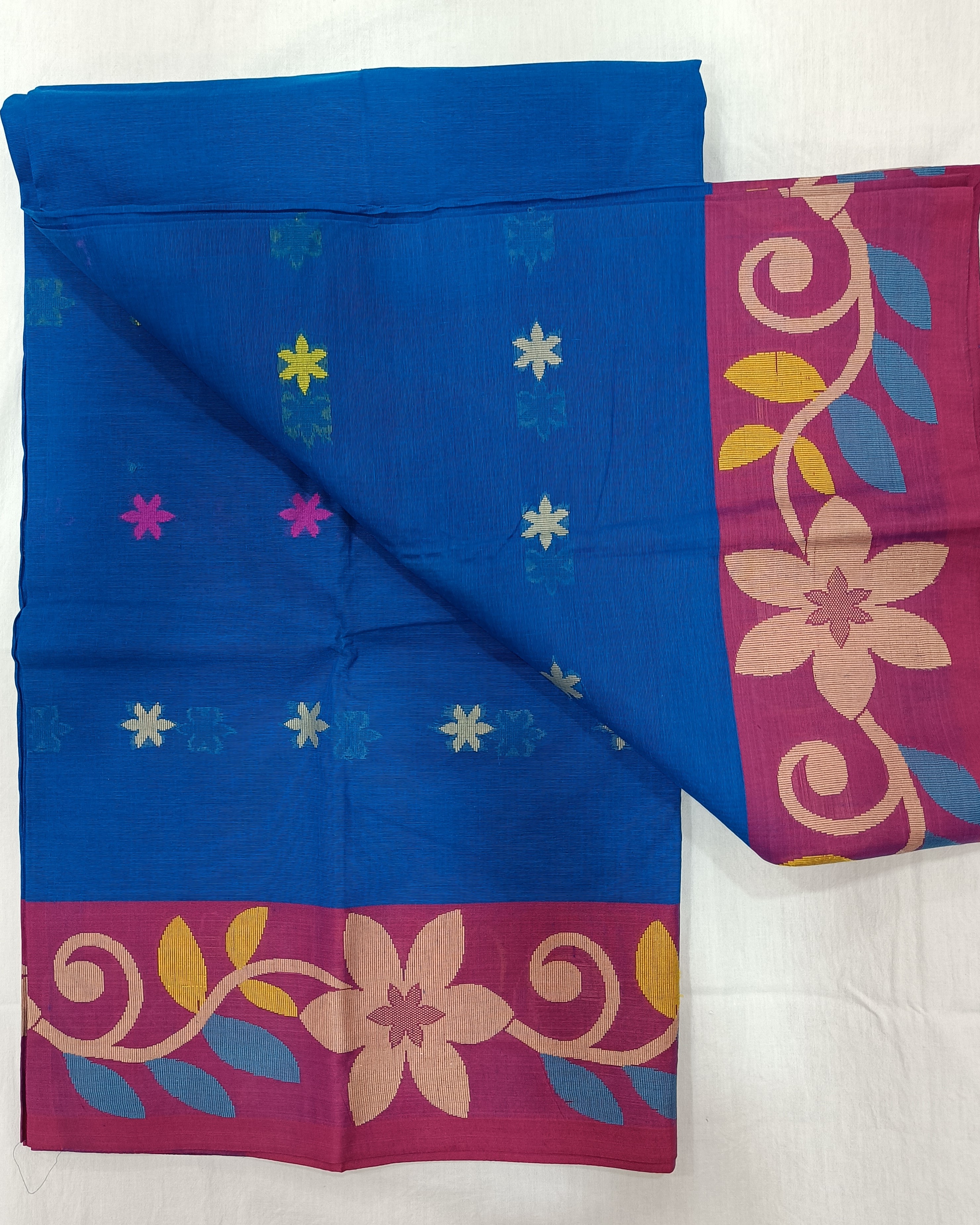 Blue Cotton Saree with Flower Pattern