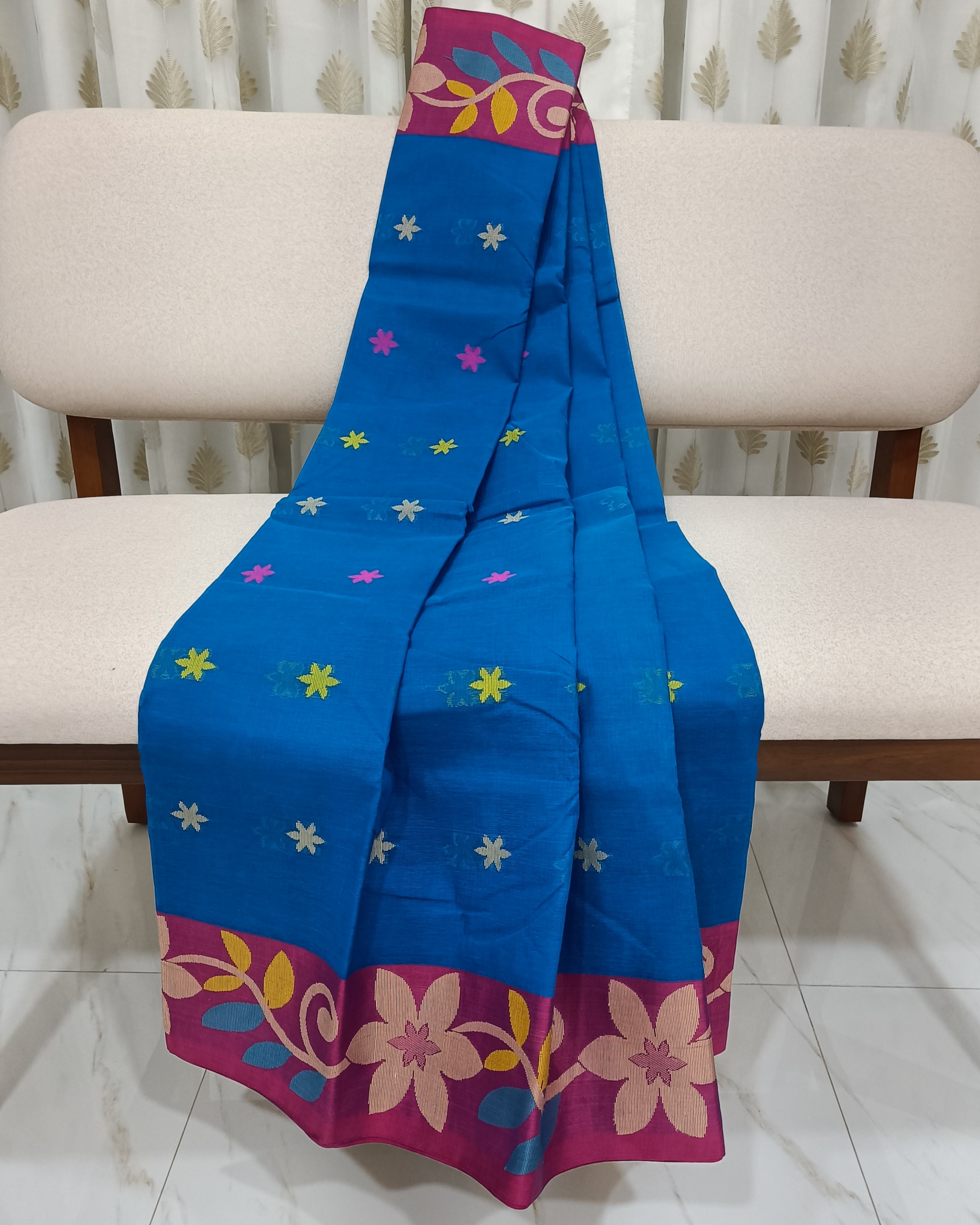 Blue Cotton Saree with Flower Pattern