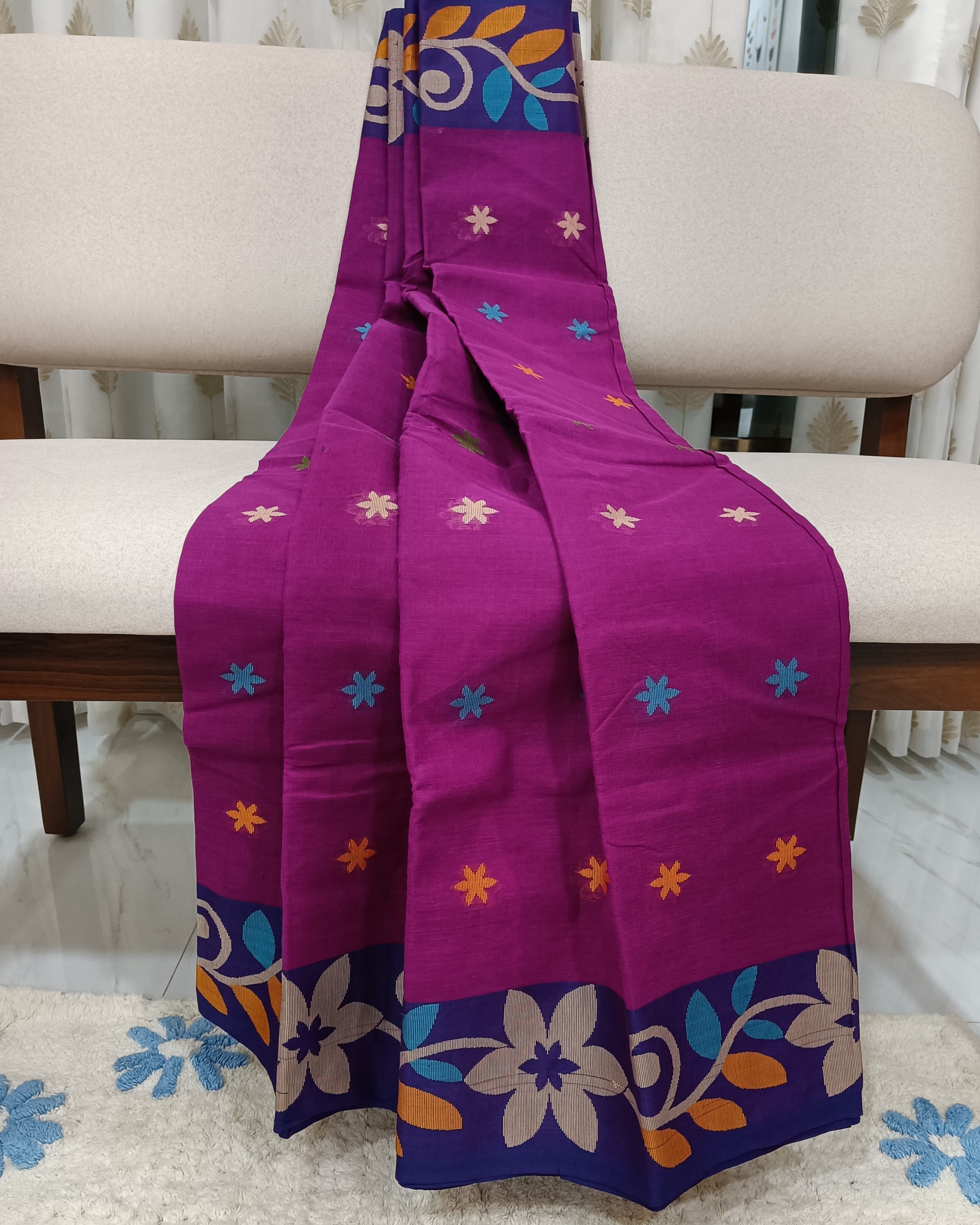 Pink Pure Cotton Saree With Big Flowers on Border
