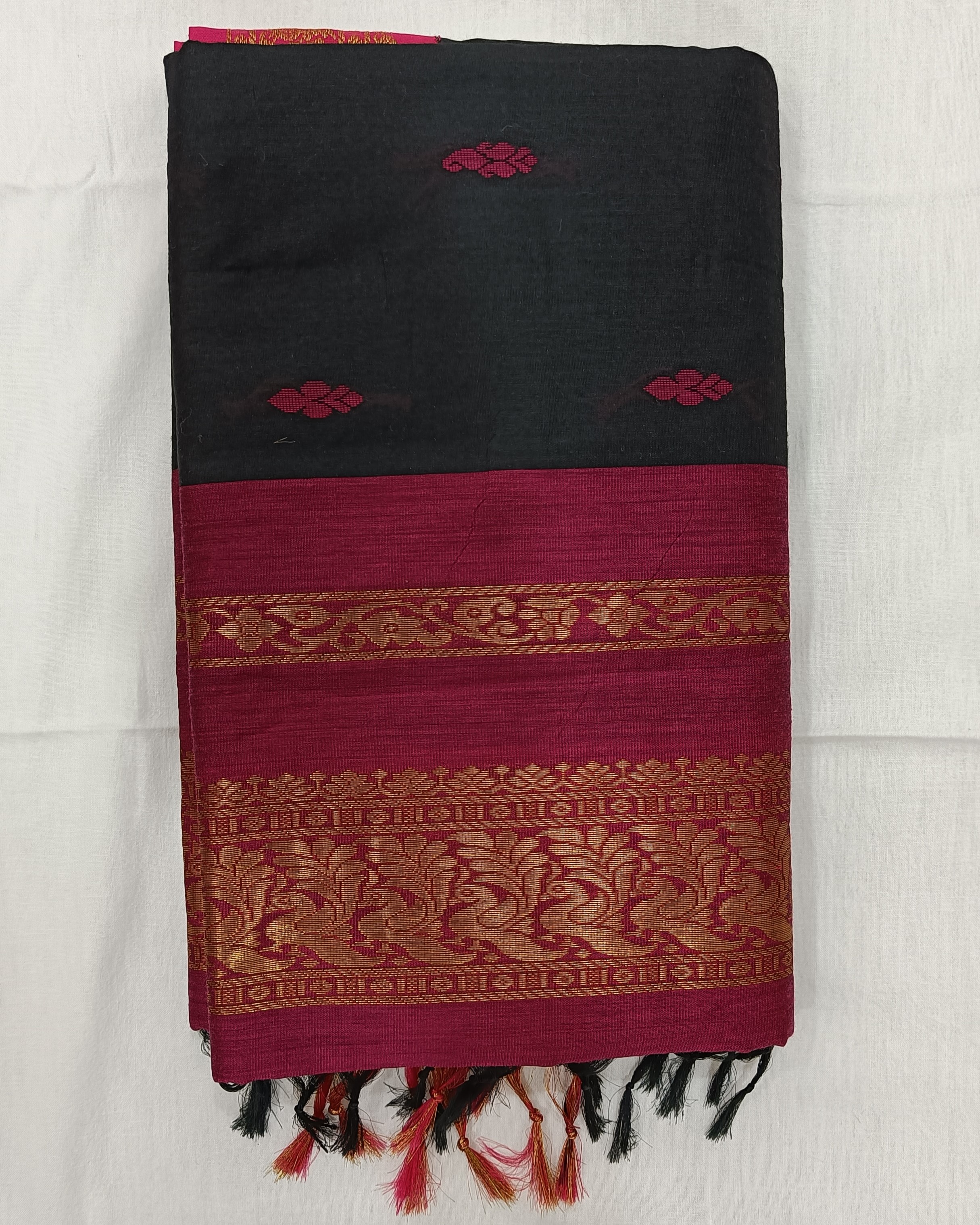 Pink and Black Gadwal Cotton Saree with Golden Zari Work on Pallu