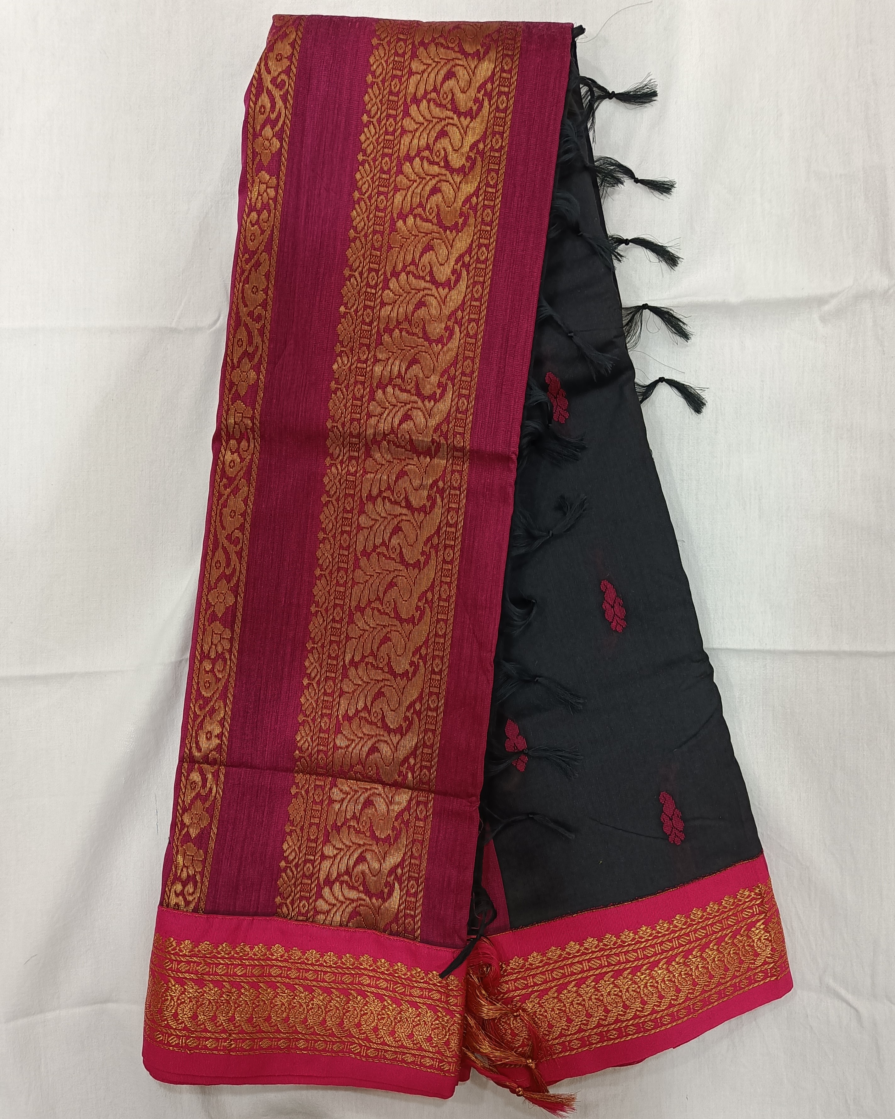 Pink and Black Gadwal Cotton Saree with Golden Zari Work on Pallu