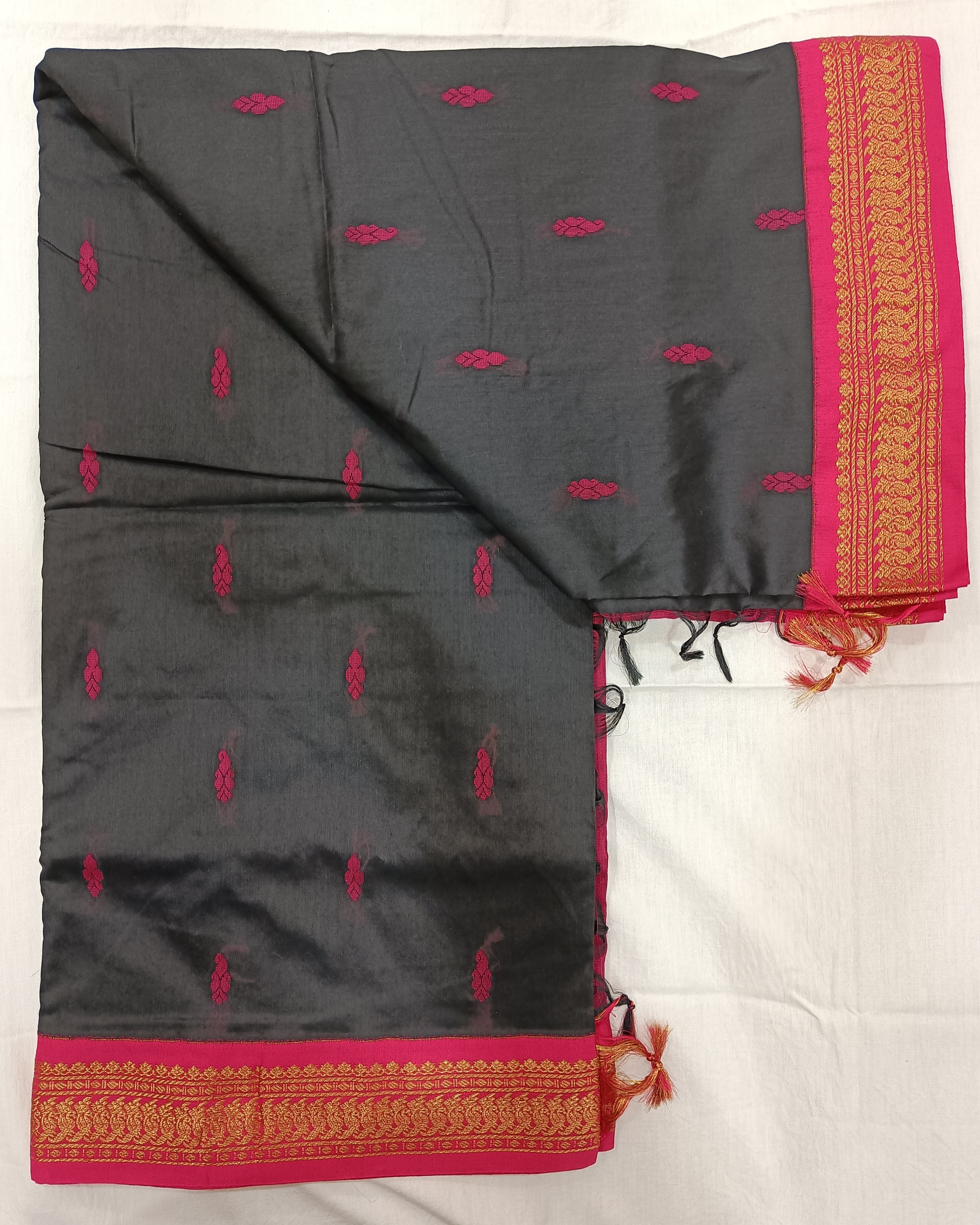 Pink and Black Gadwal Cotton Saree with Golden Zari Work on Pallu