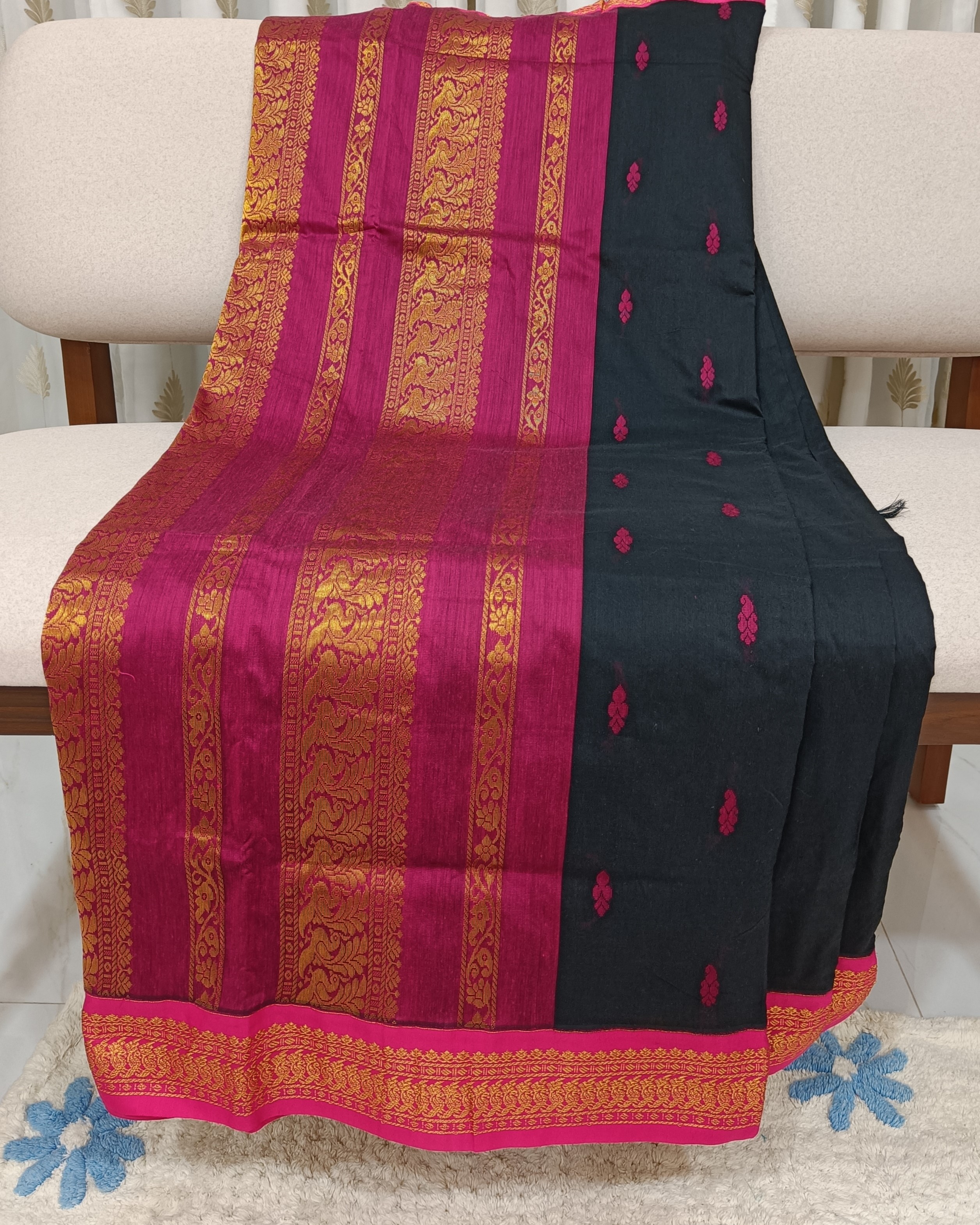 Pink and Black Gadwal Cotton Saree with Golden Zari Work on Pallu