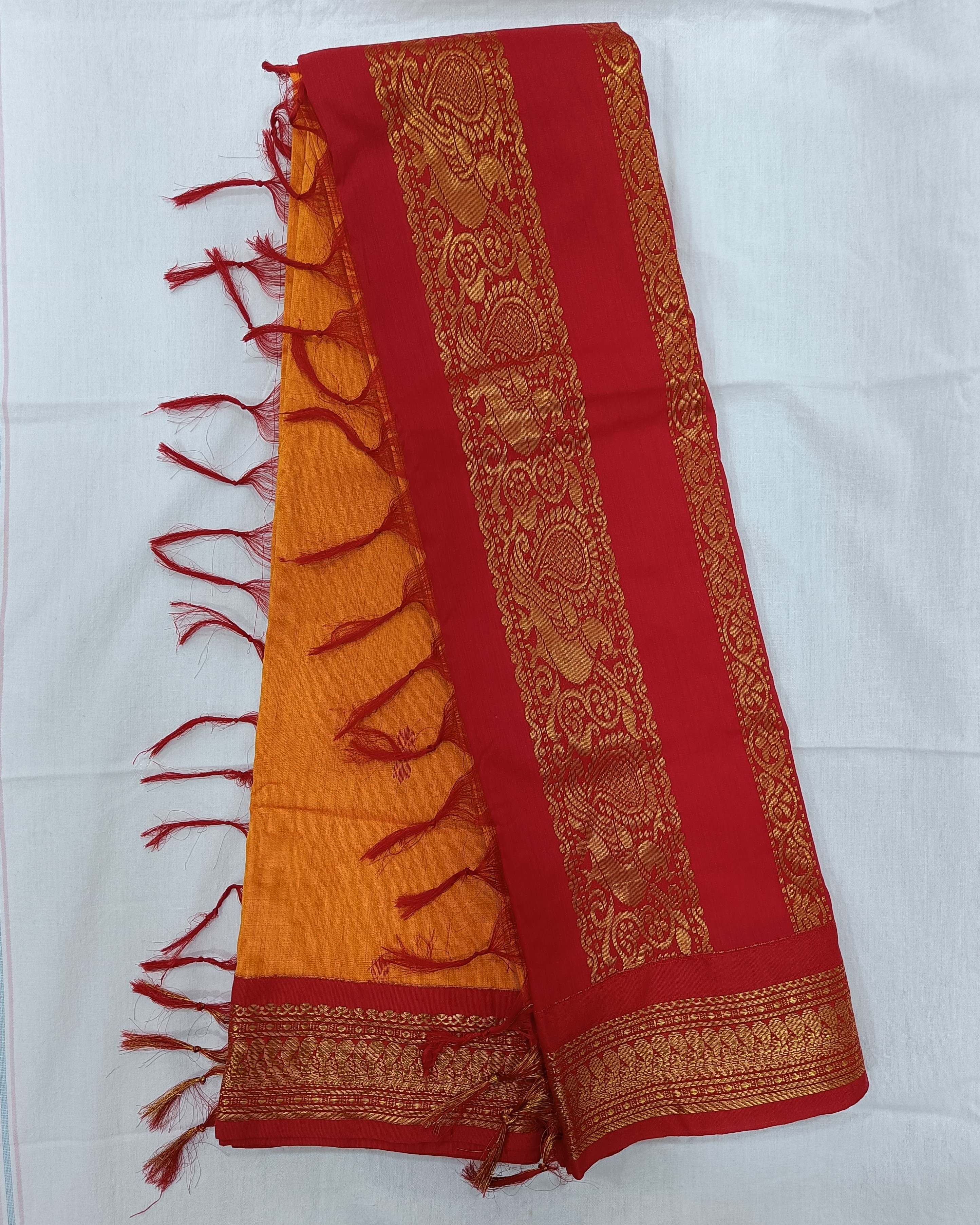 Yellow and Pink Gadwal Cotton Saree with Golden Zari Work on Pallu