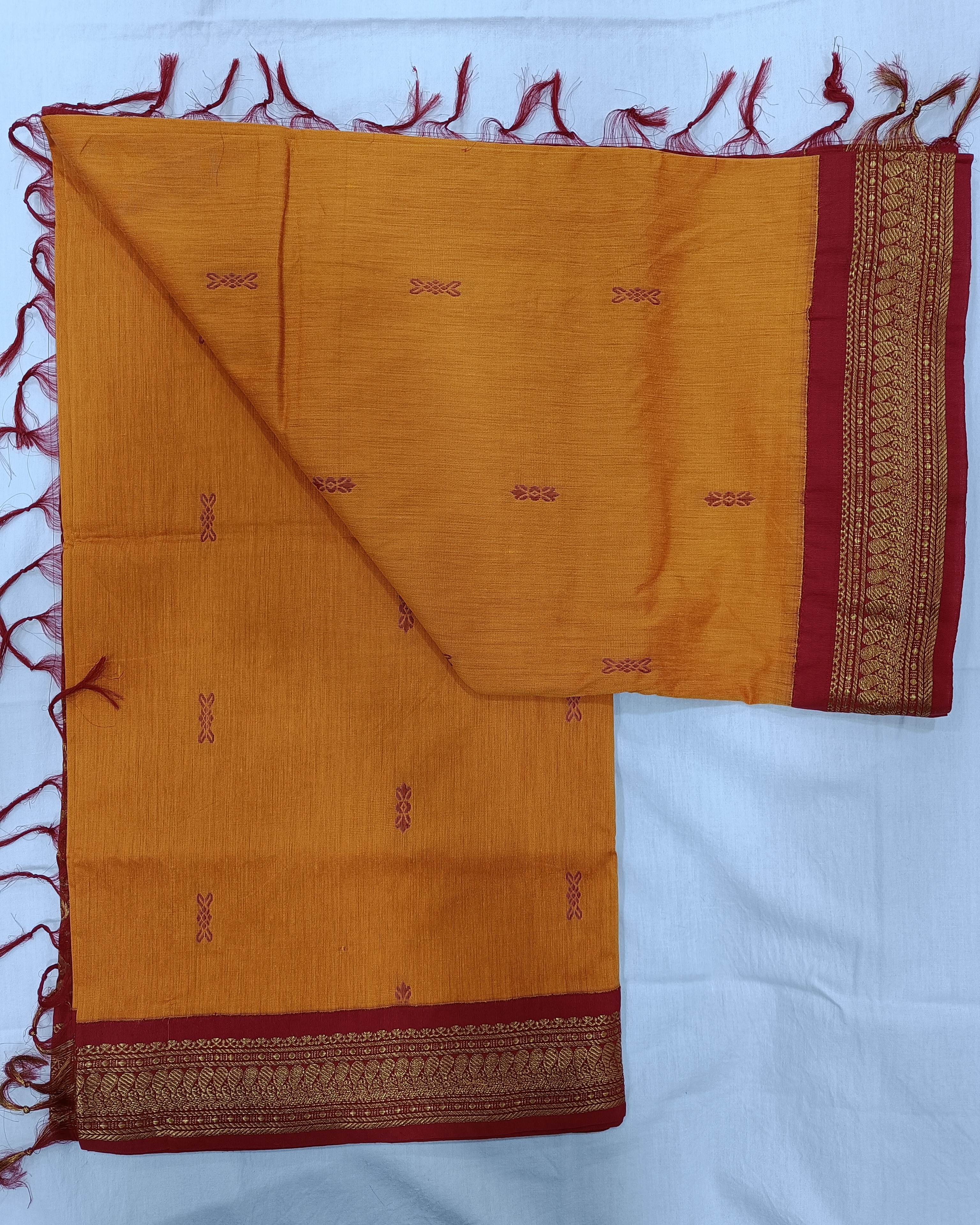 Yellow and Pink Gadwal Cotton Saree with Golden Zari Work on Pallu