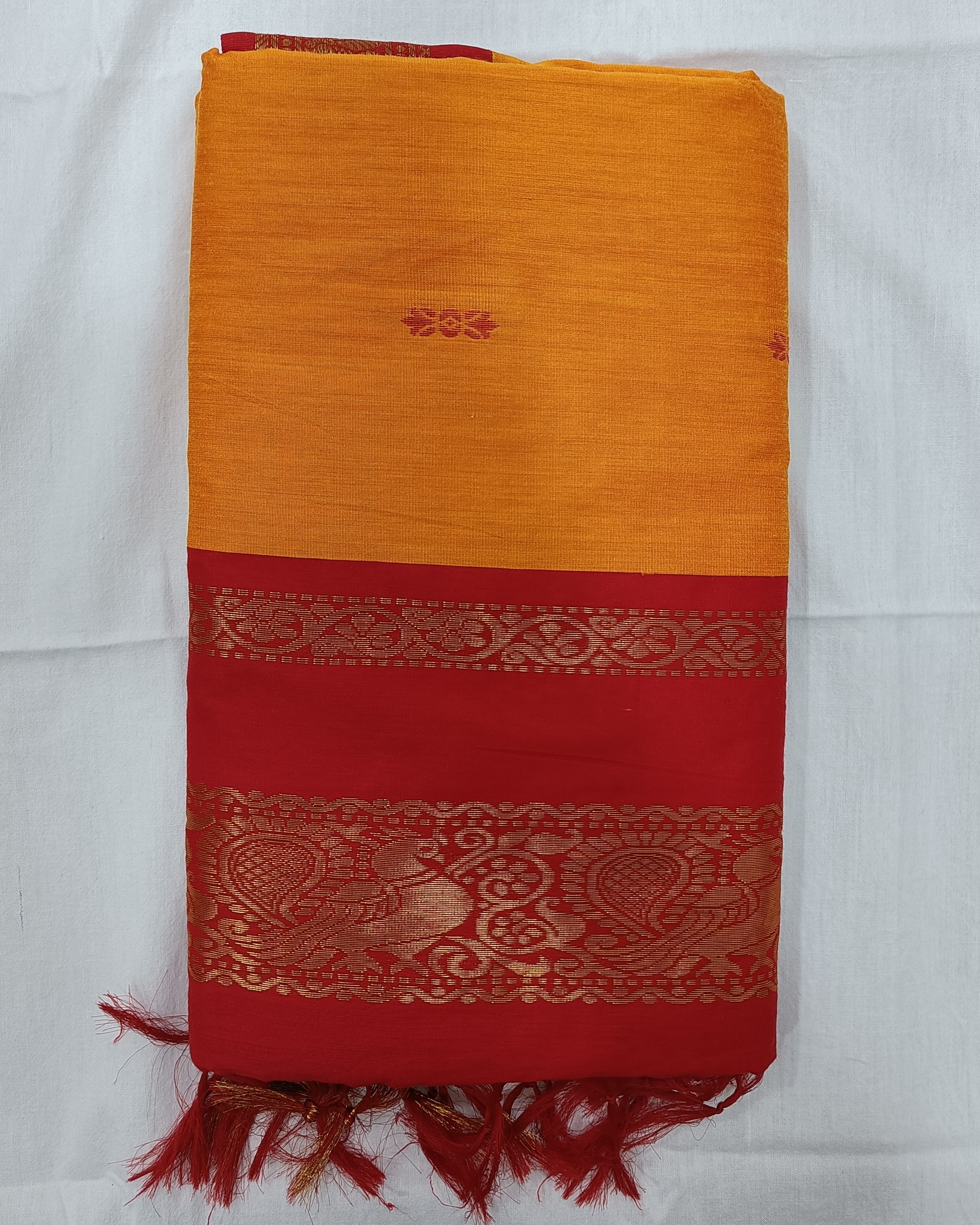 Yellow and Pink Gadwal Cotton Saree with Golden Zari Work on Pallu