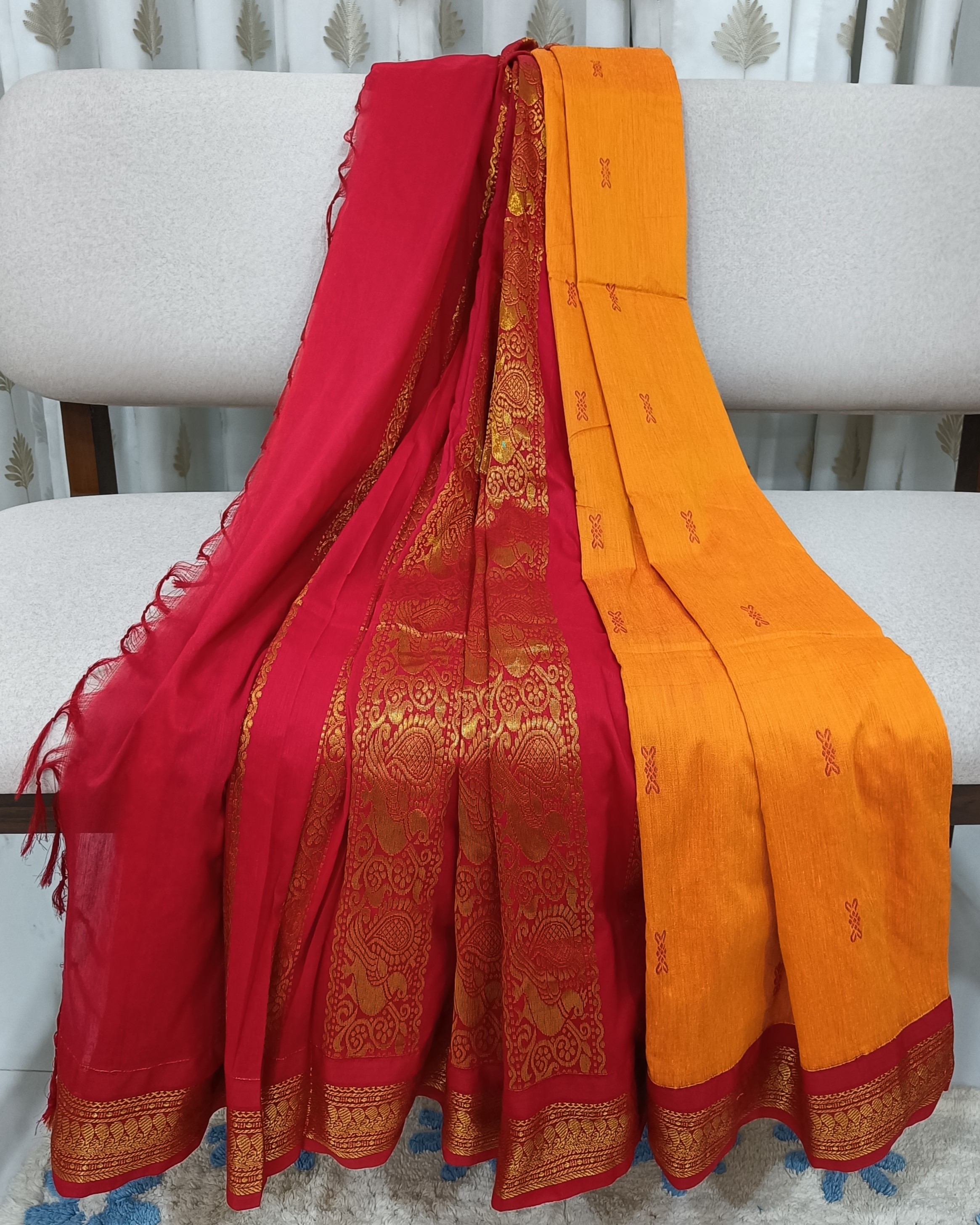 Yellow and Pink Gadwal Cotton Saree with Golden Zari Work on Pallu