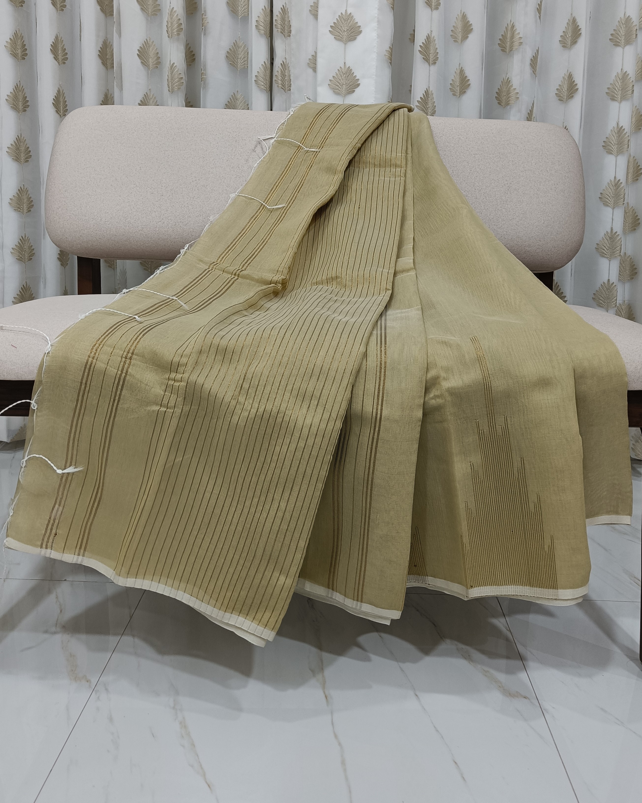 Handwoven Golden Thread Work on Cream Cotton Blend Saree