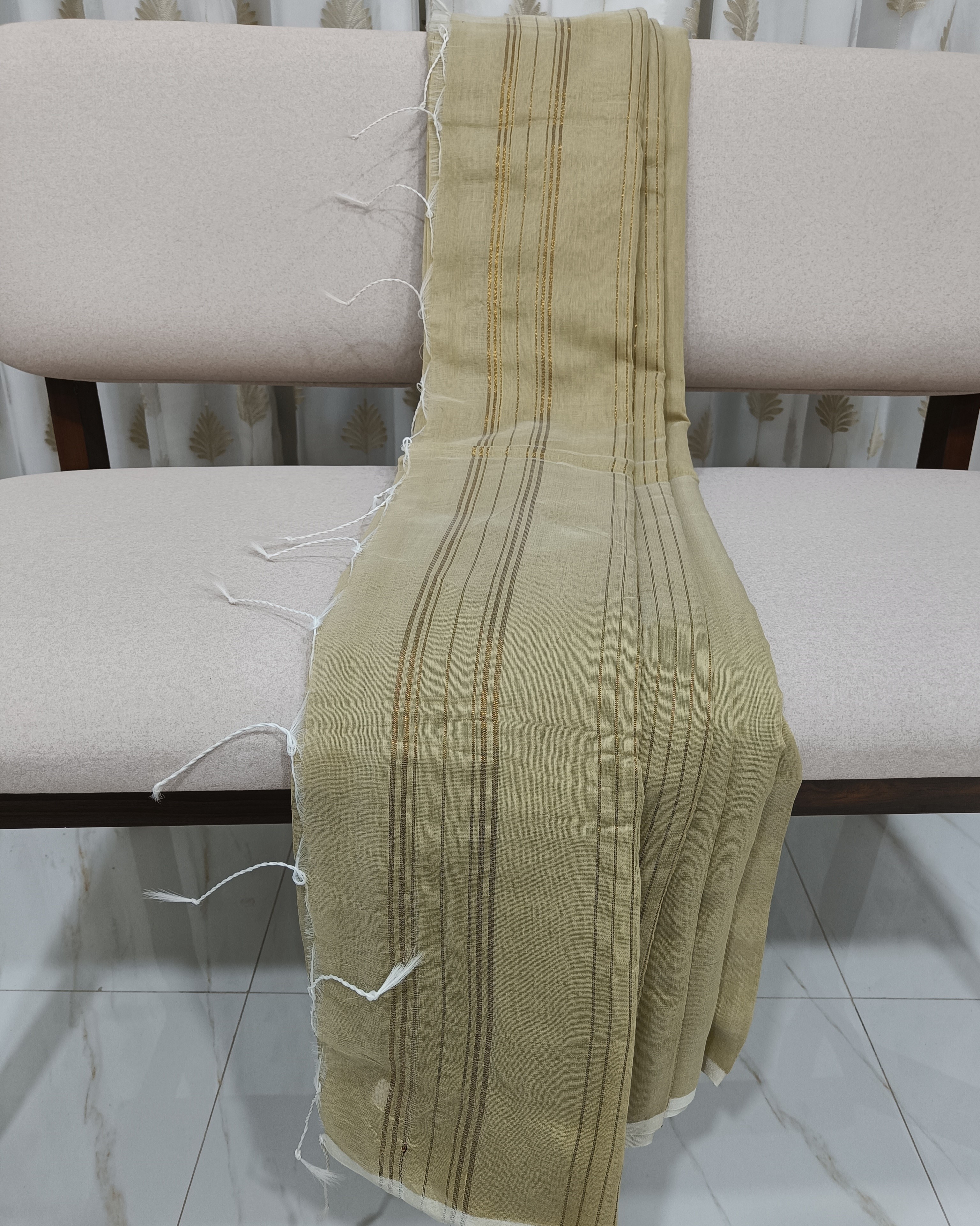 Handwoven Golden Thread Work on Cream Cotton Blend Saree