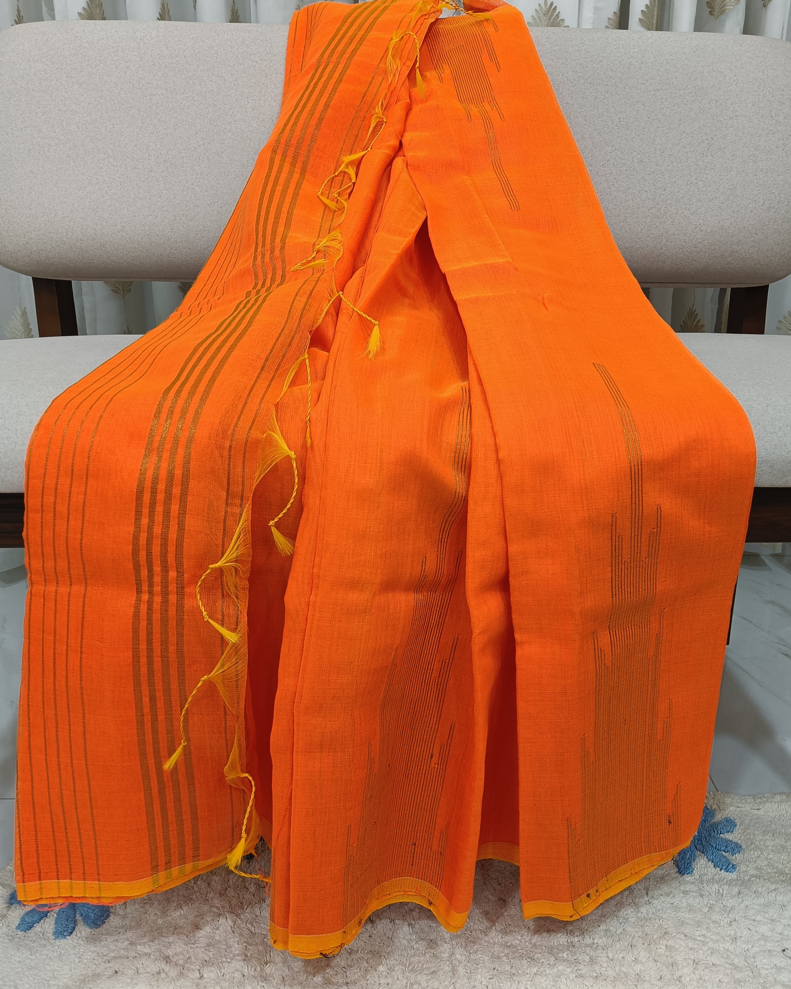 Handwoven Golden Thread Work on Orange Cotton Blend Saree