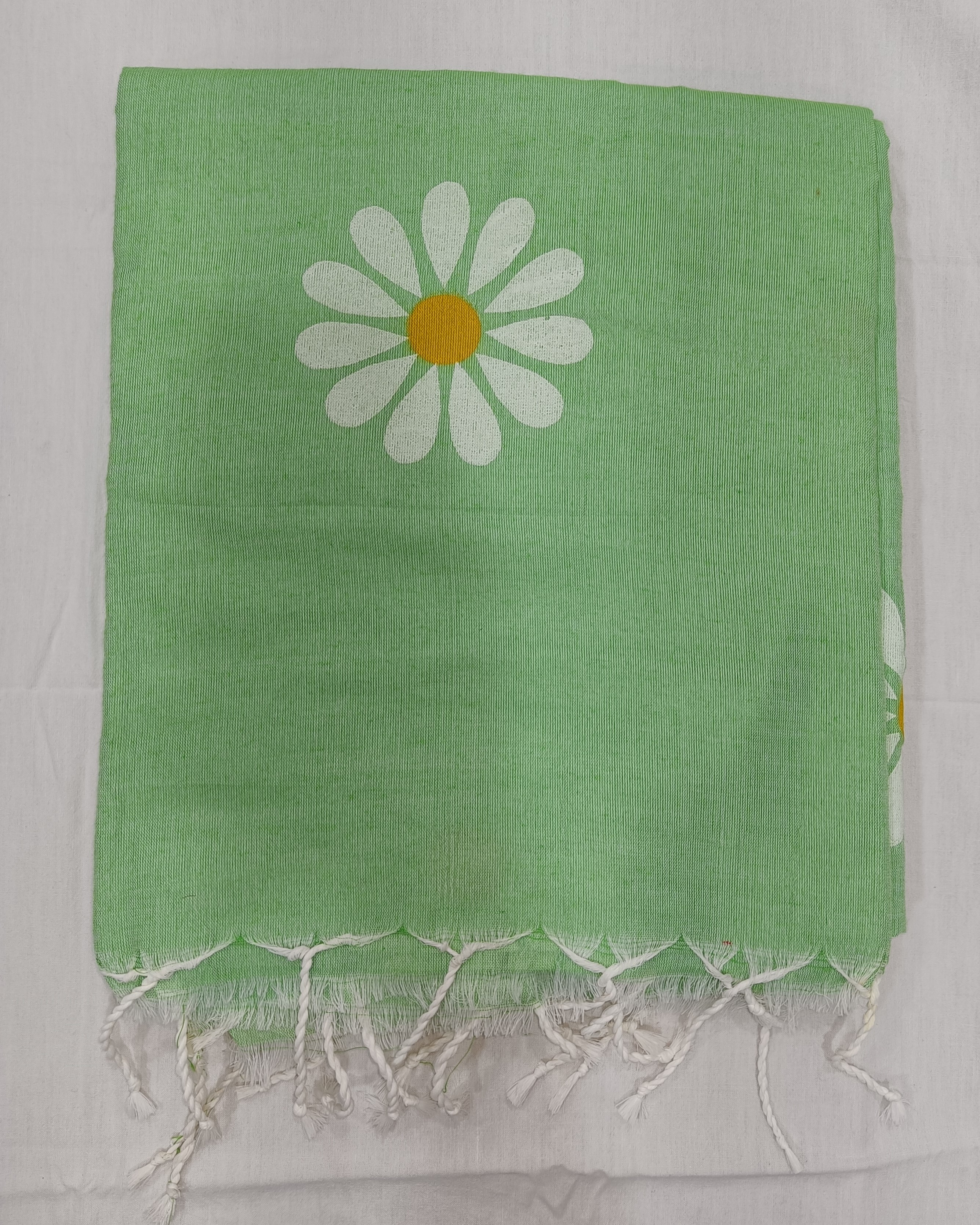 Pastel Green Khadi Saree with Handpainted Sunflowers