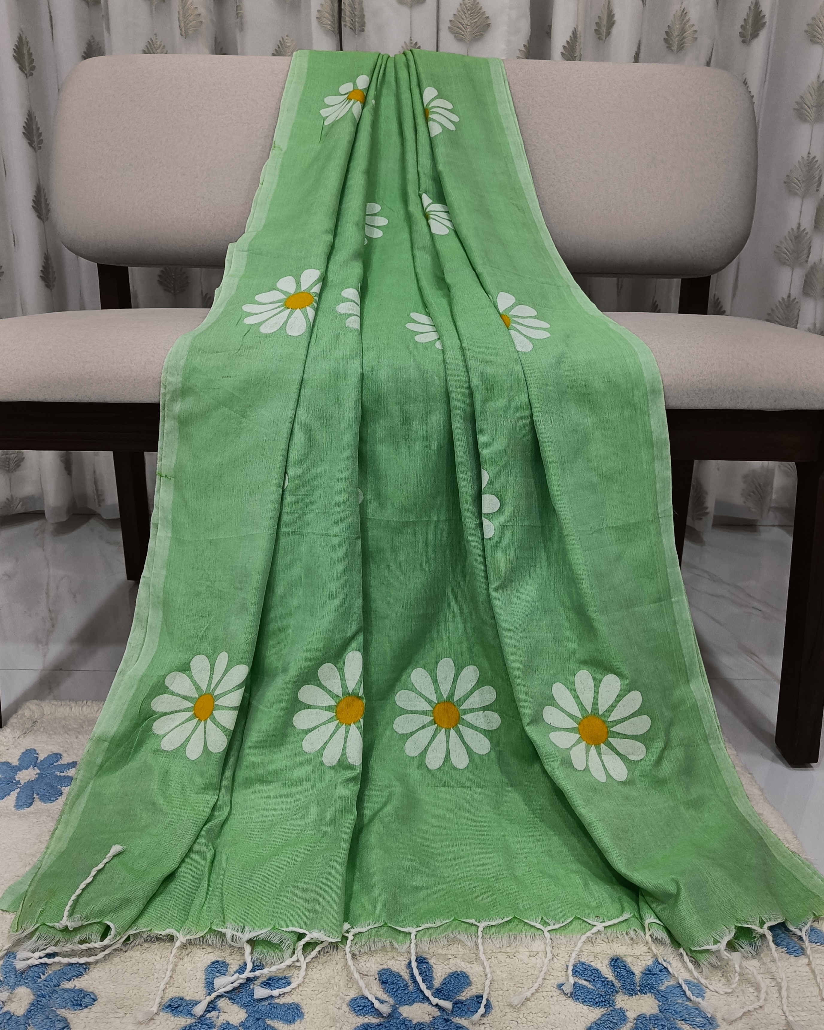 Pastel Green Khadi Saree with Handpainted Sunflowers