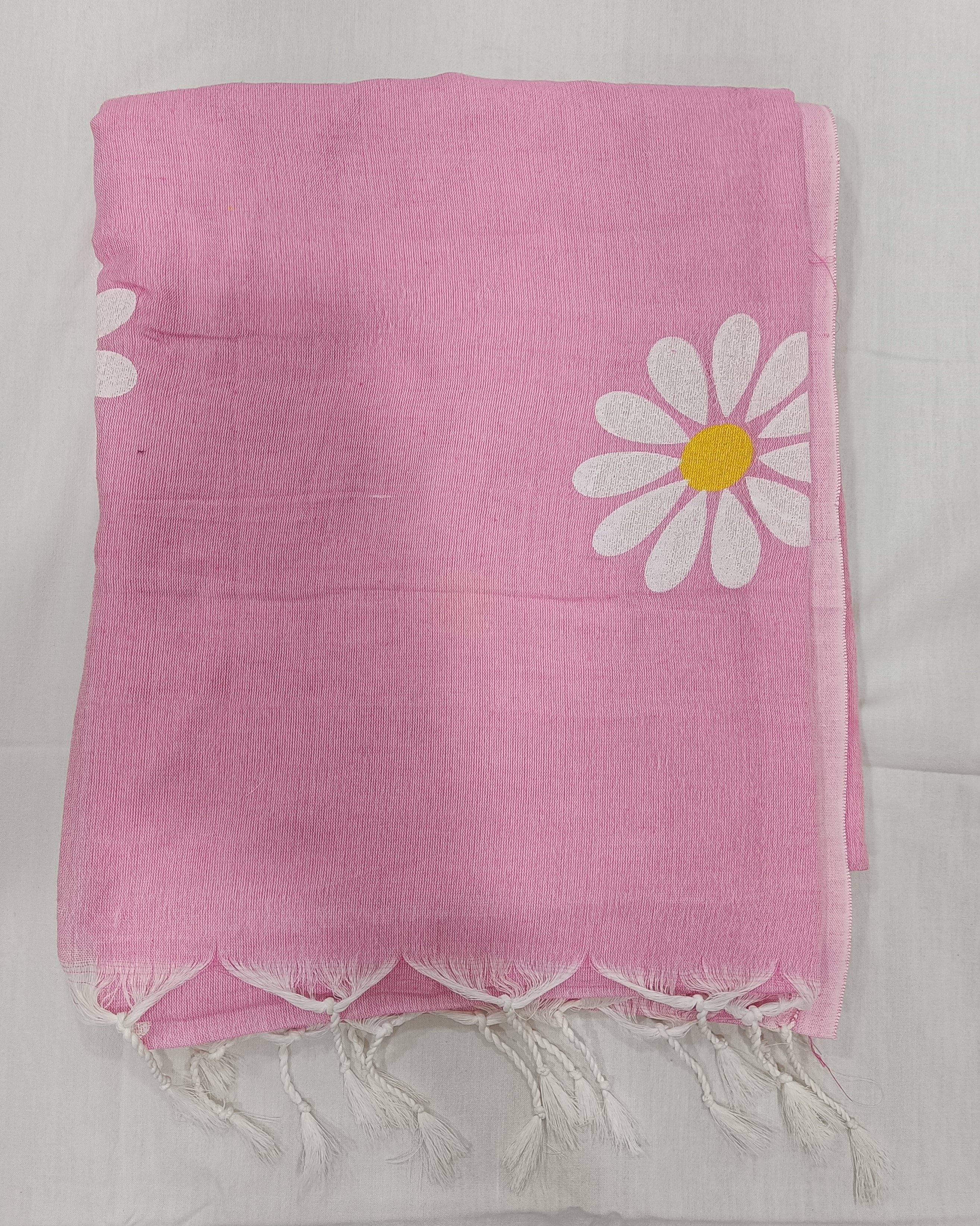 Pastel Pink Khadi Saree with Hand-painted Sunflowers