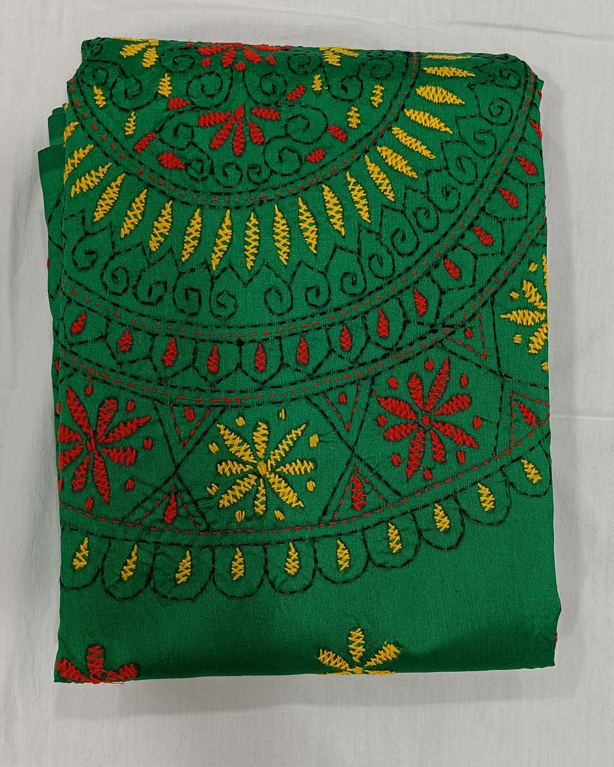 Bright Green Silk Blend Saree with Kantha Stitch Work