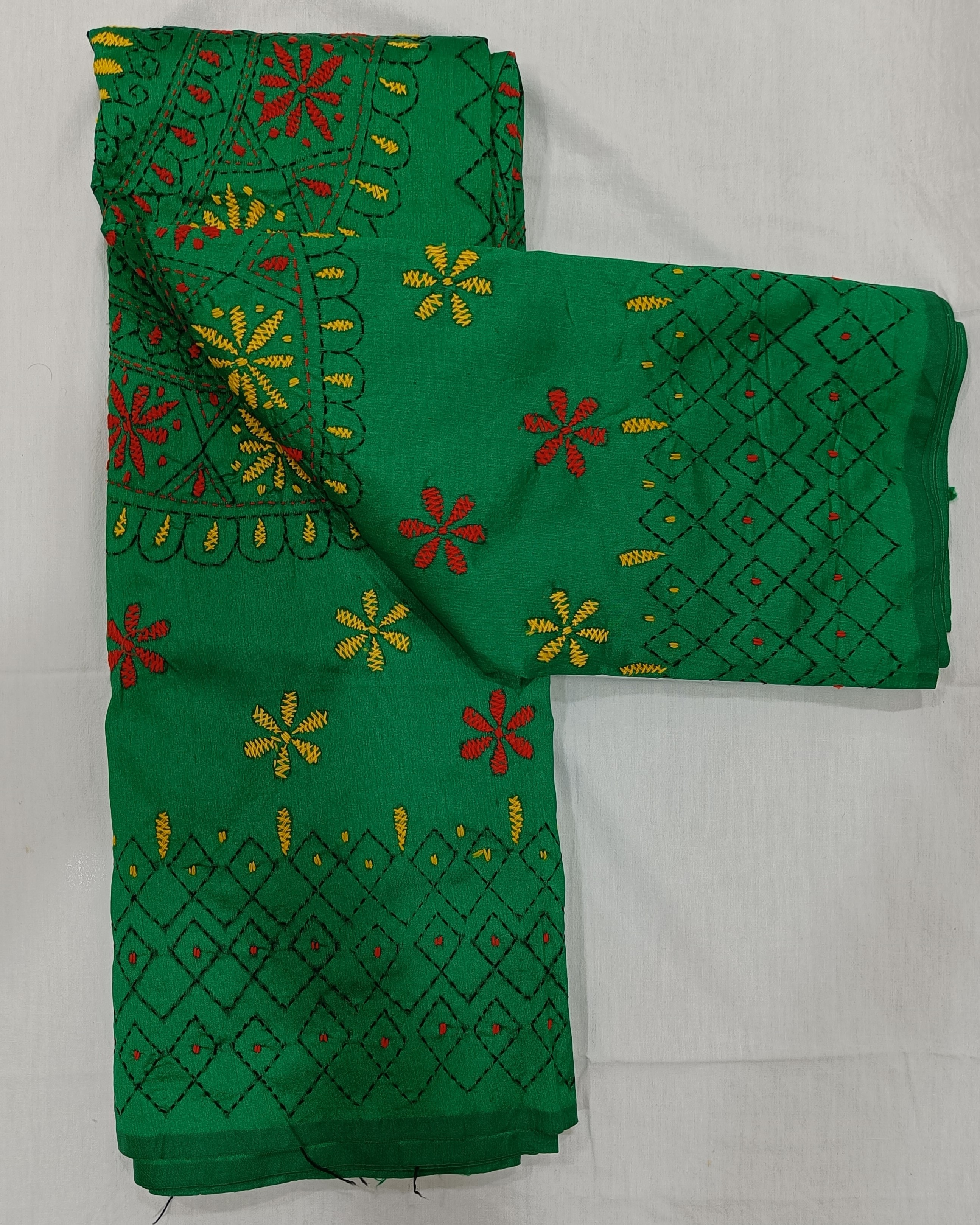 Bright Green Silk Blend Saree with Kantha Stitch Work