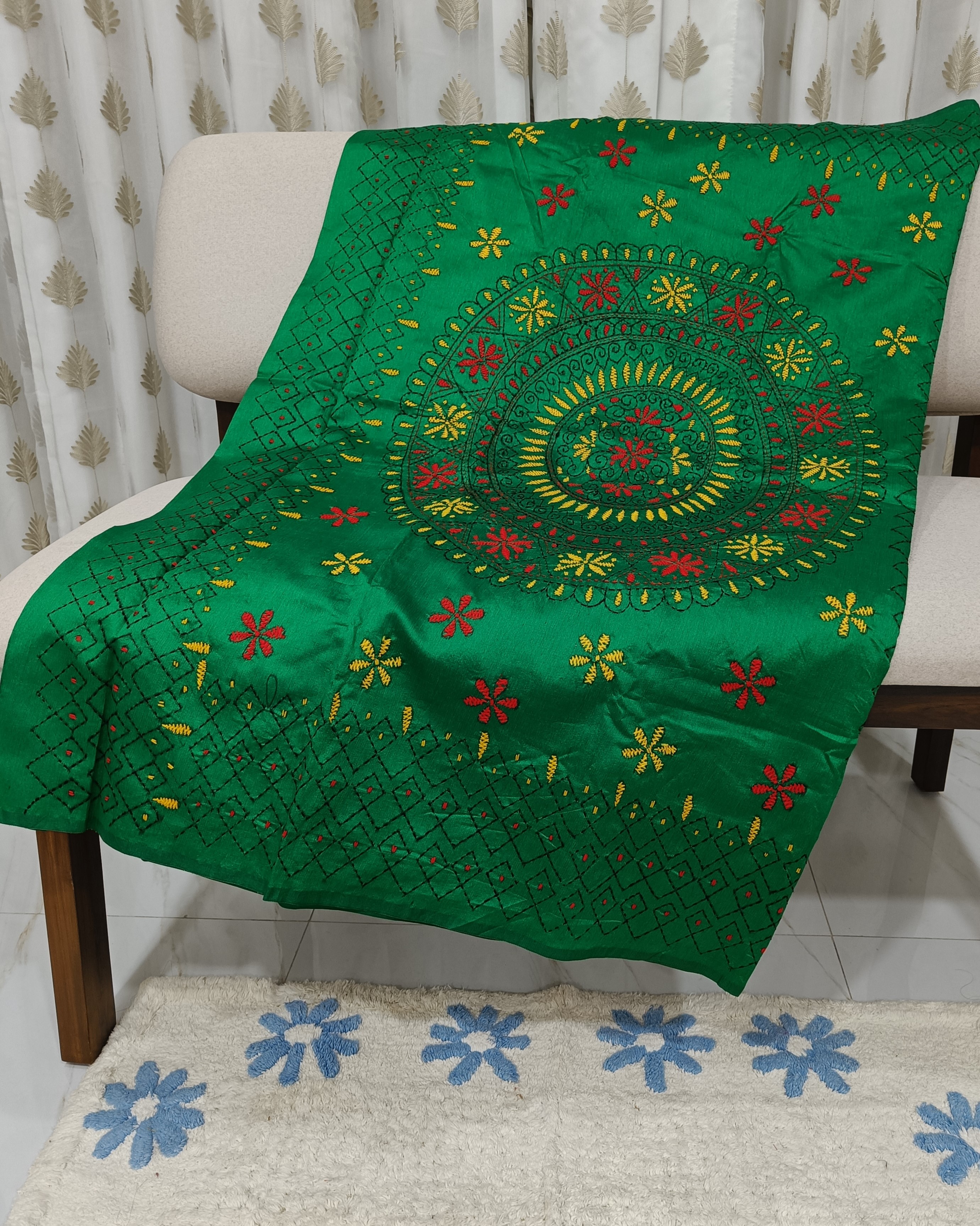 Bright Green Silk Blend Saree with Kantha Stitch Work