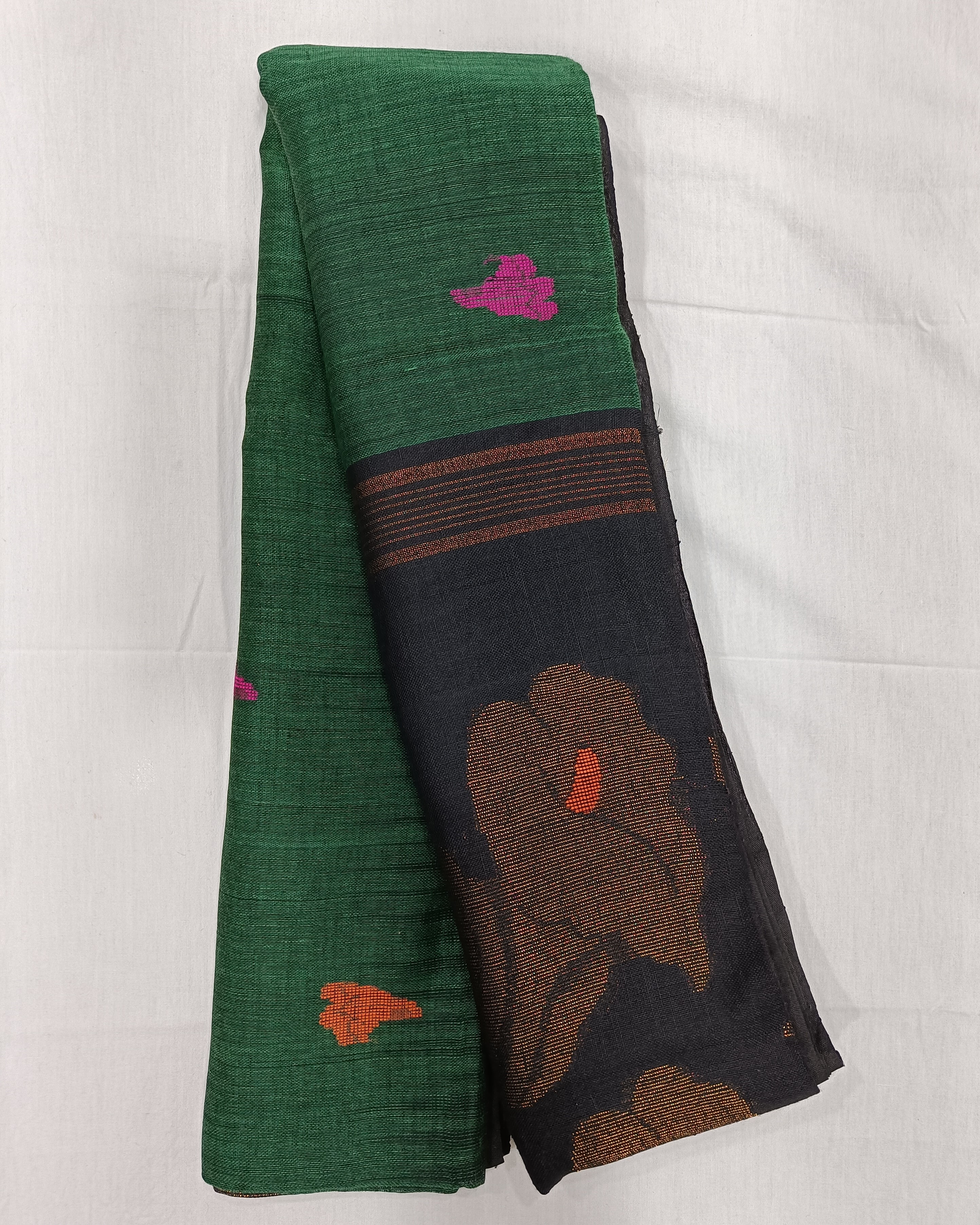 Dark green Linen Saree with Bright Weaved Flowers & Black Pallu with Gold Zari Flowers