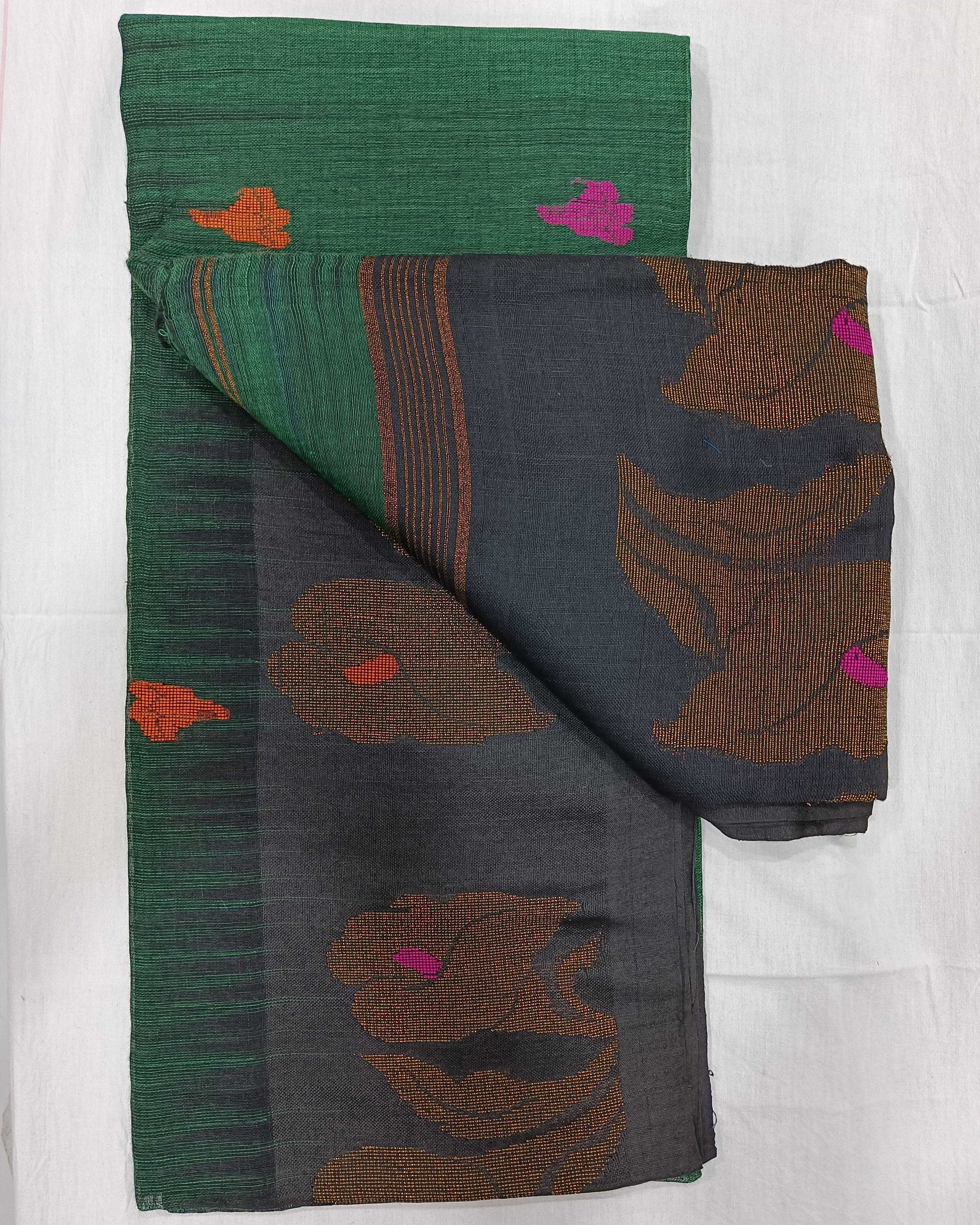 Dark green Linen Saree with Bright Weaved Flowers & Black Pallu with Gold Zari Flowers