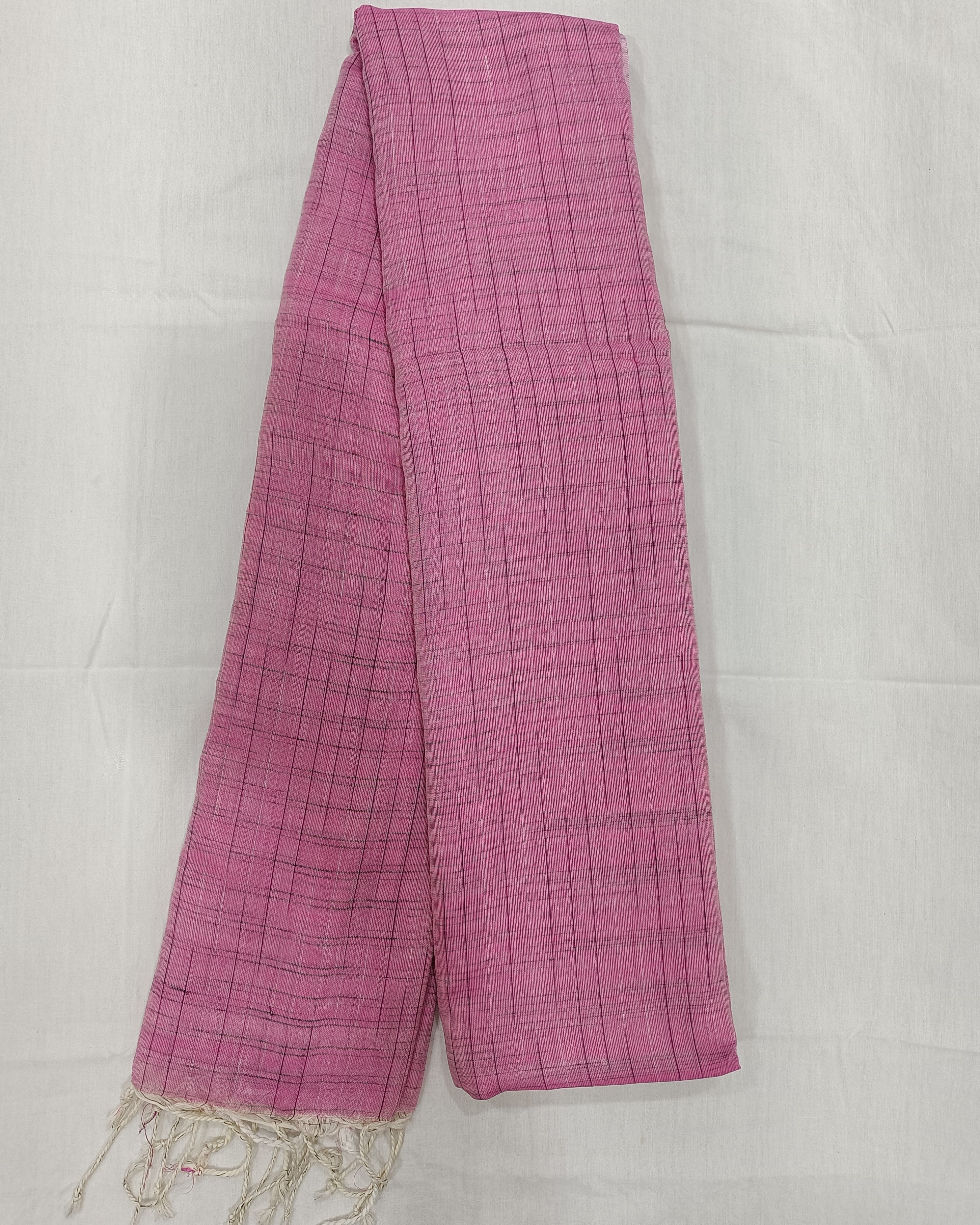 Pink Mulmul Saree with Black Khes Weaving All Over