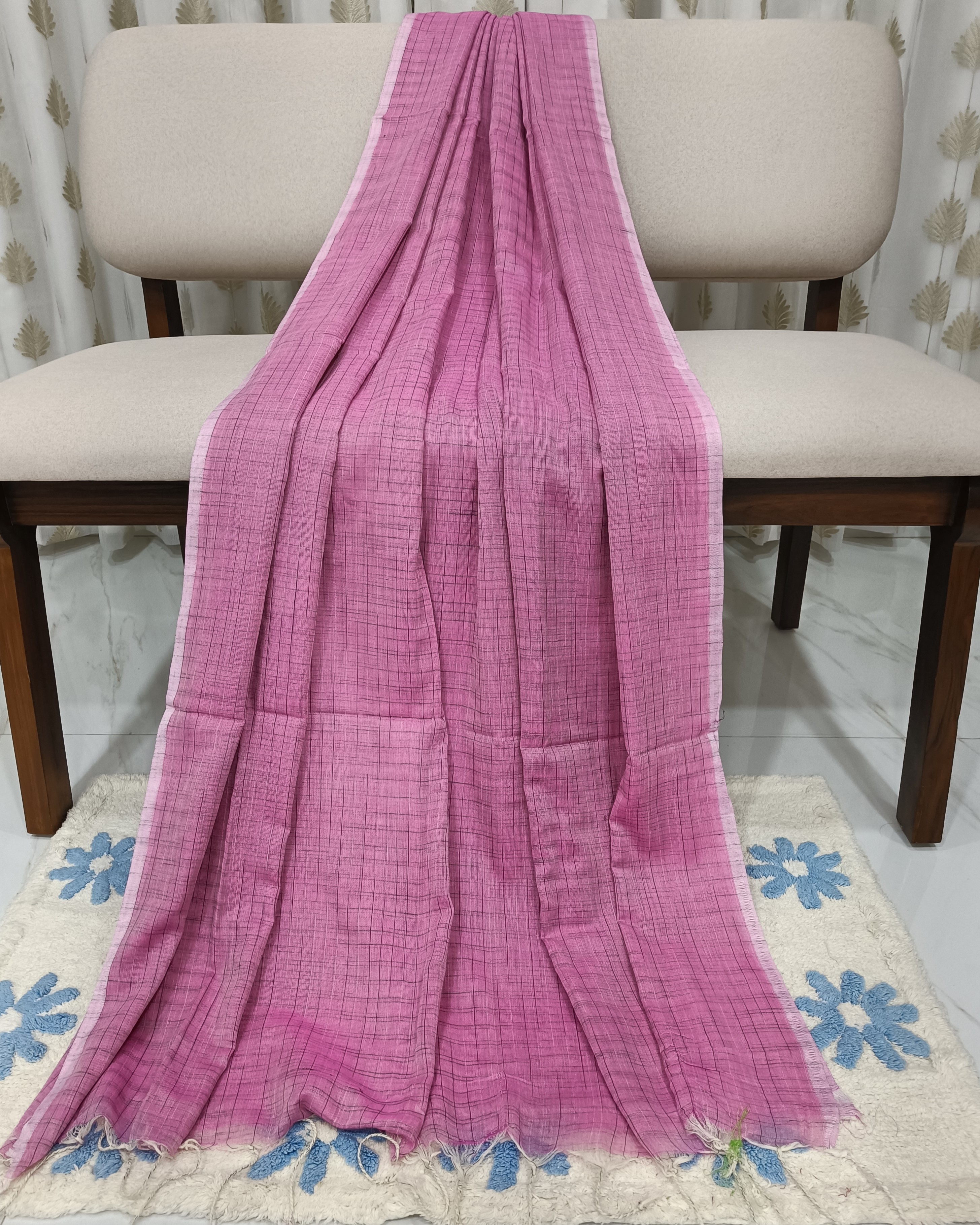 Pink Mulmul Saree with Black Khes Weaving All Over