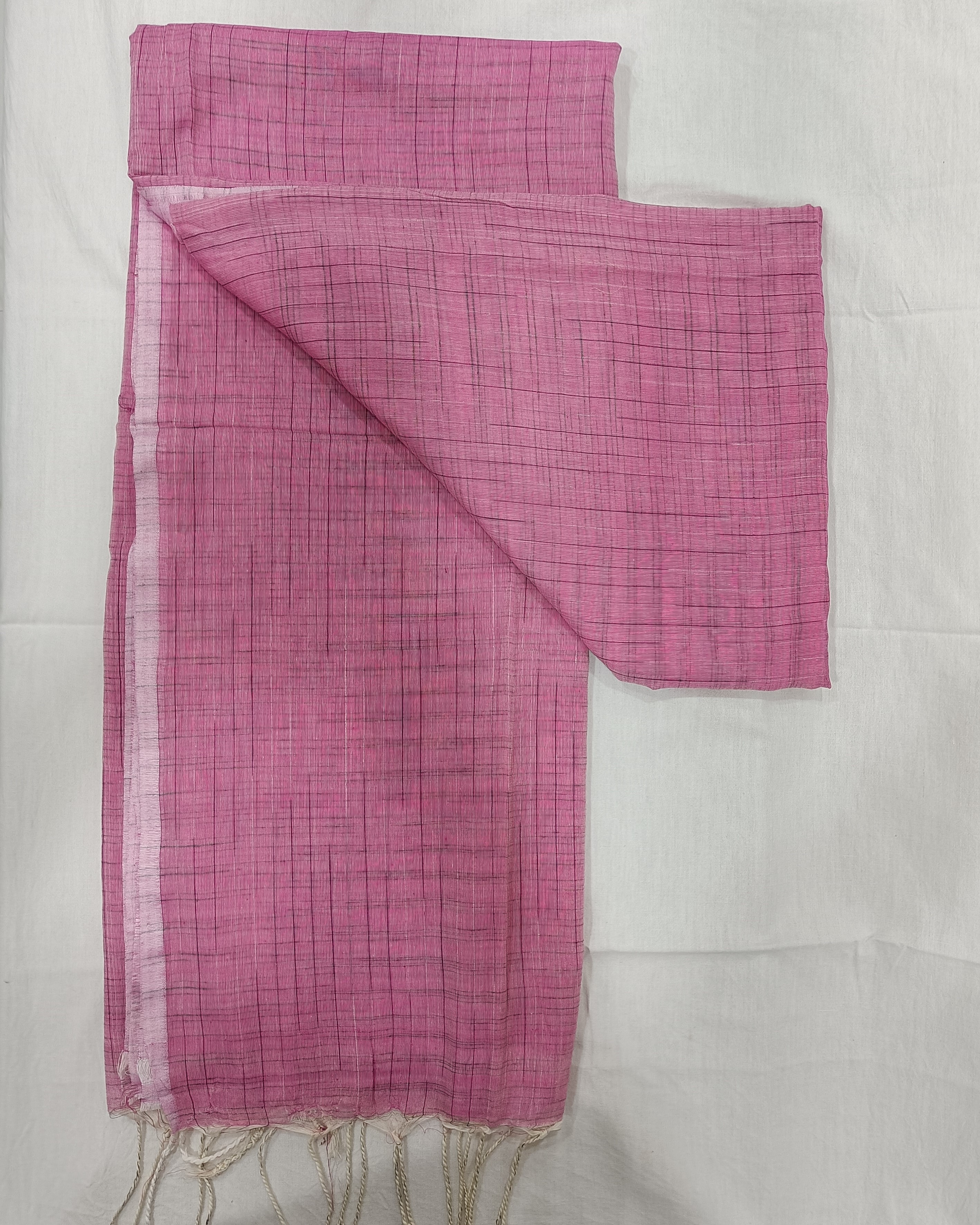Pink Mulmul Saree with Black Khes Weaving All Over