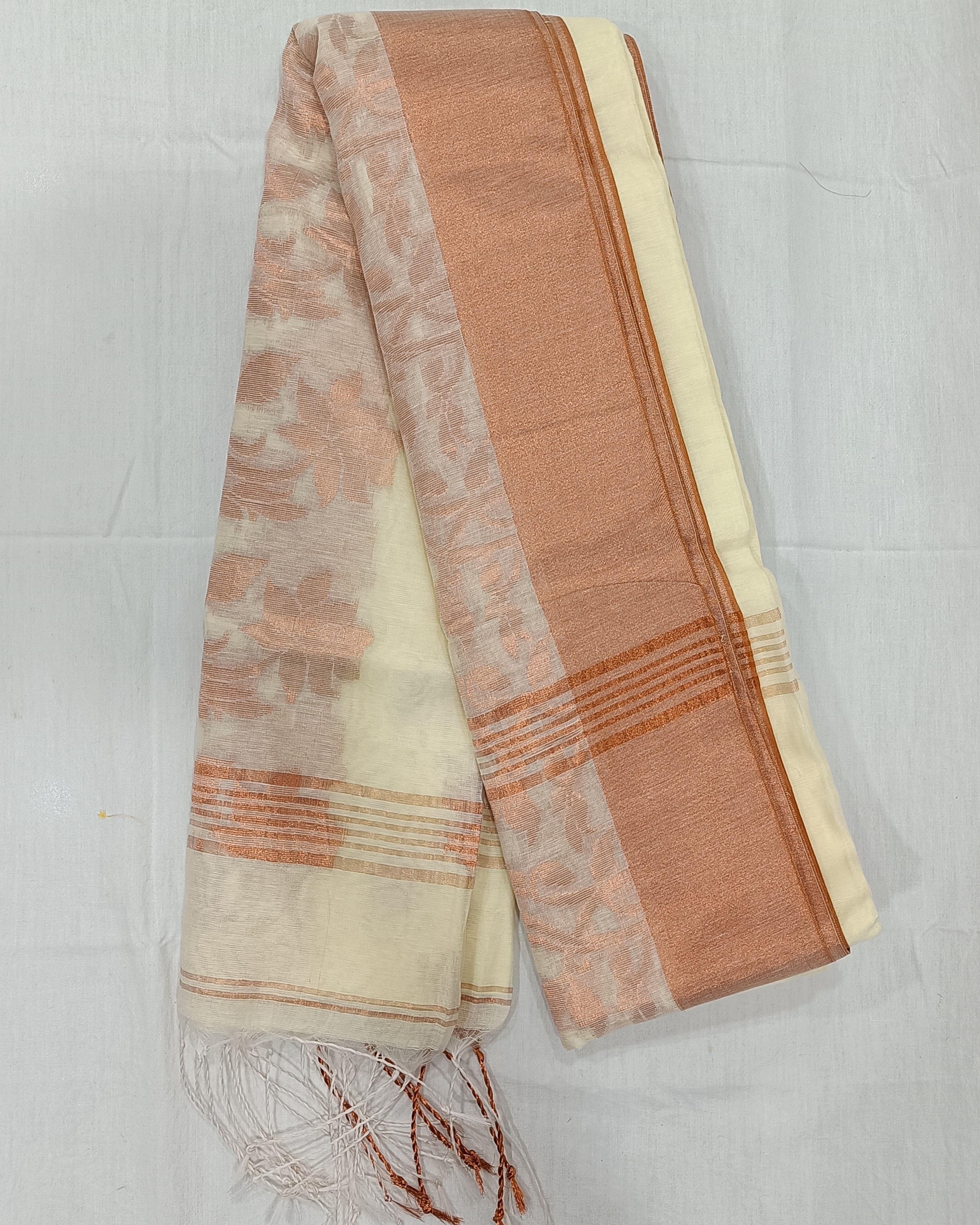 Cream Soft Semi Resham Saree with Thick Copper Threadwork on Border