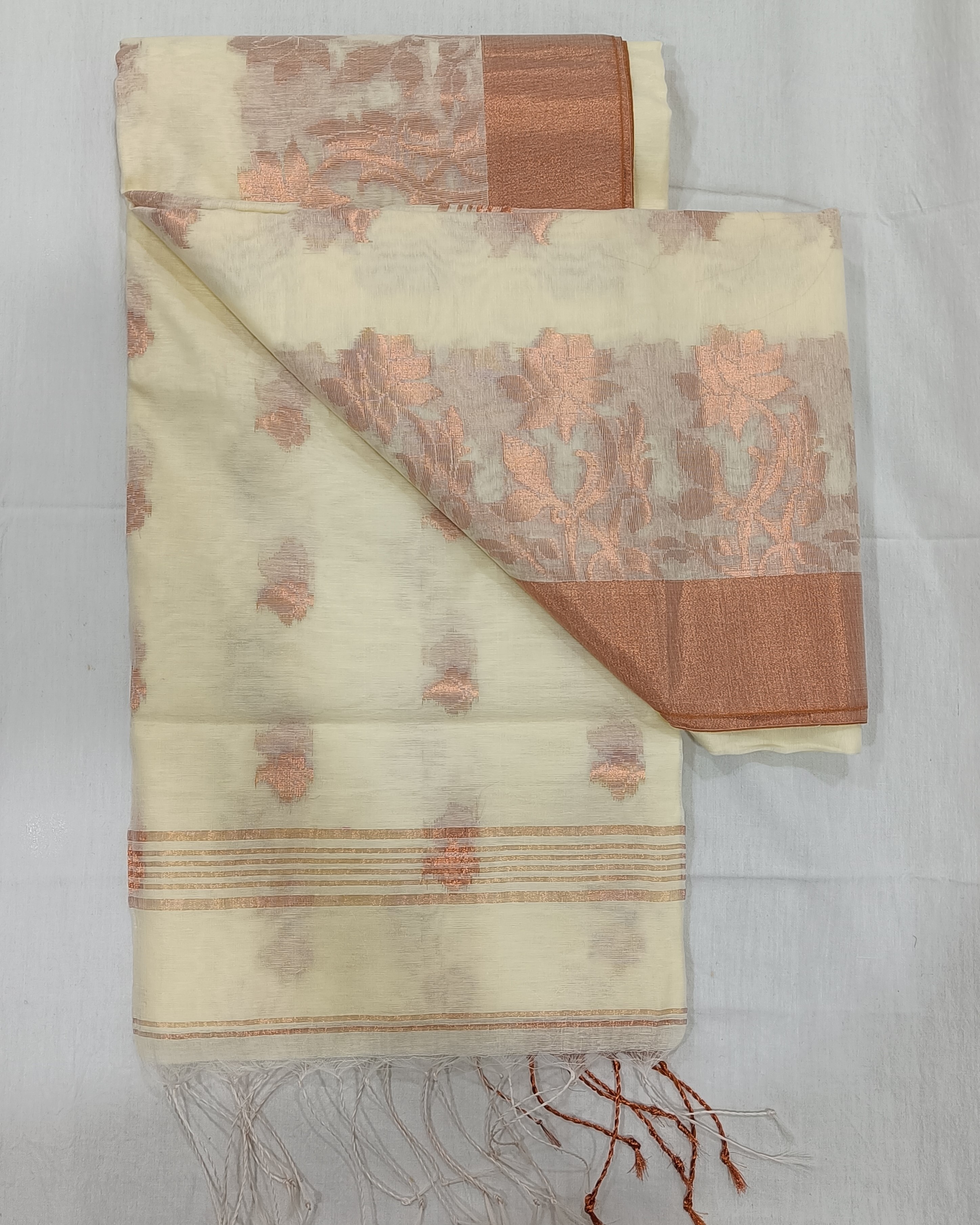 Cream Soft Semi Resham Saree with Thick Copper Threadwork on Border