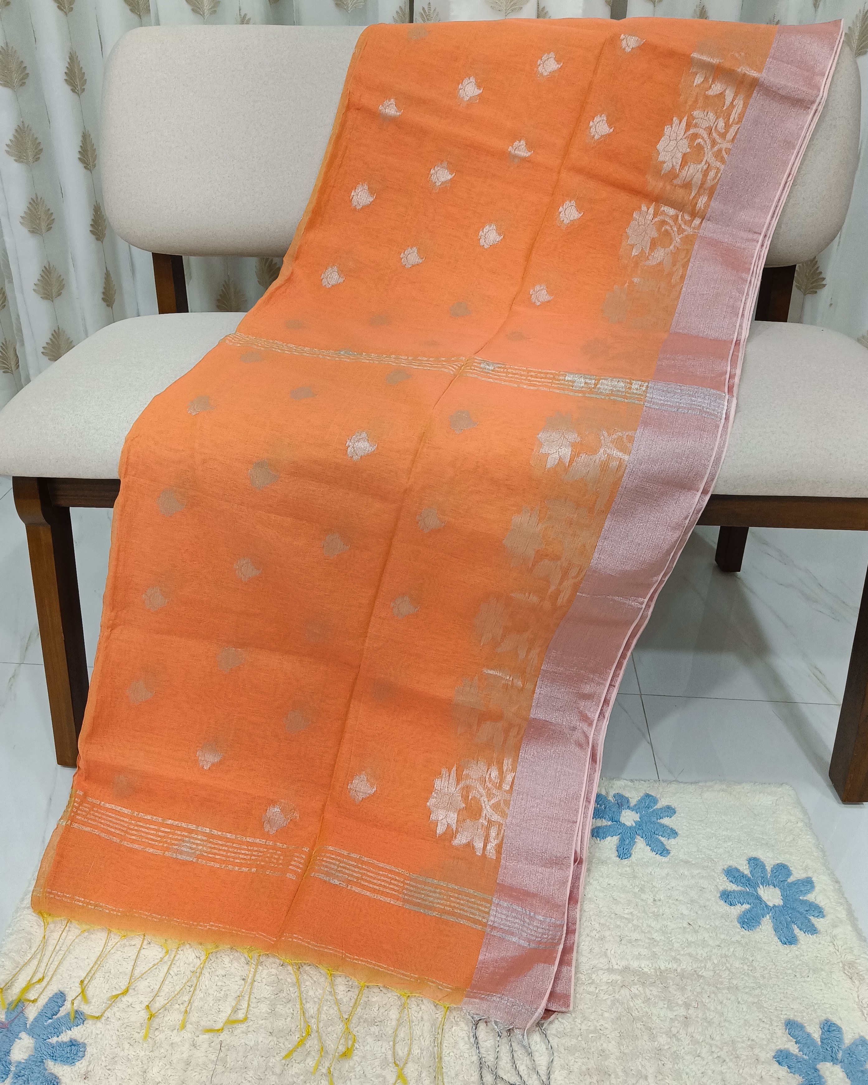 Orange Soft Semi Resham Saree with Silver Zari Threadwork Border