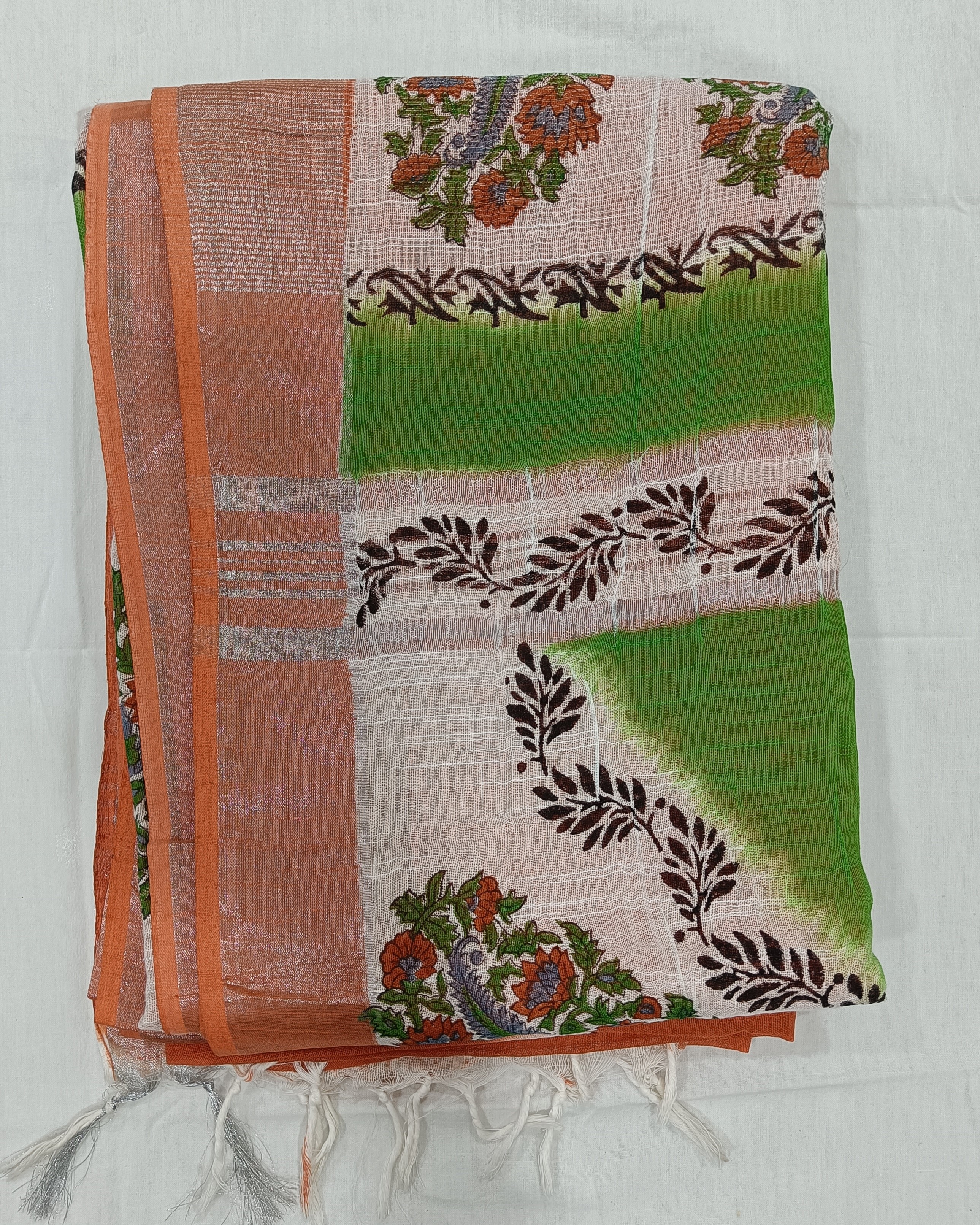 Orange Linen Saree with Diagonal Design All Over & Silver Zari Border