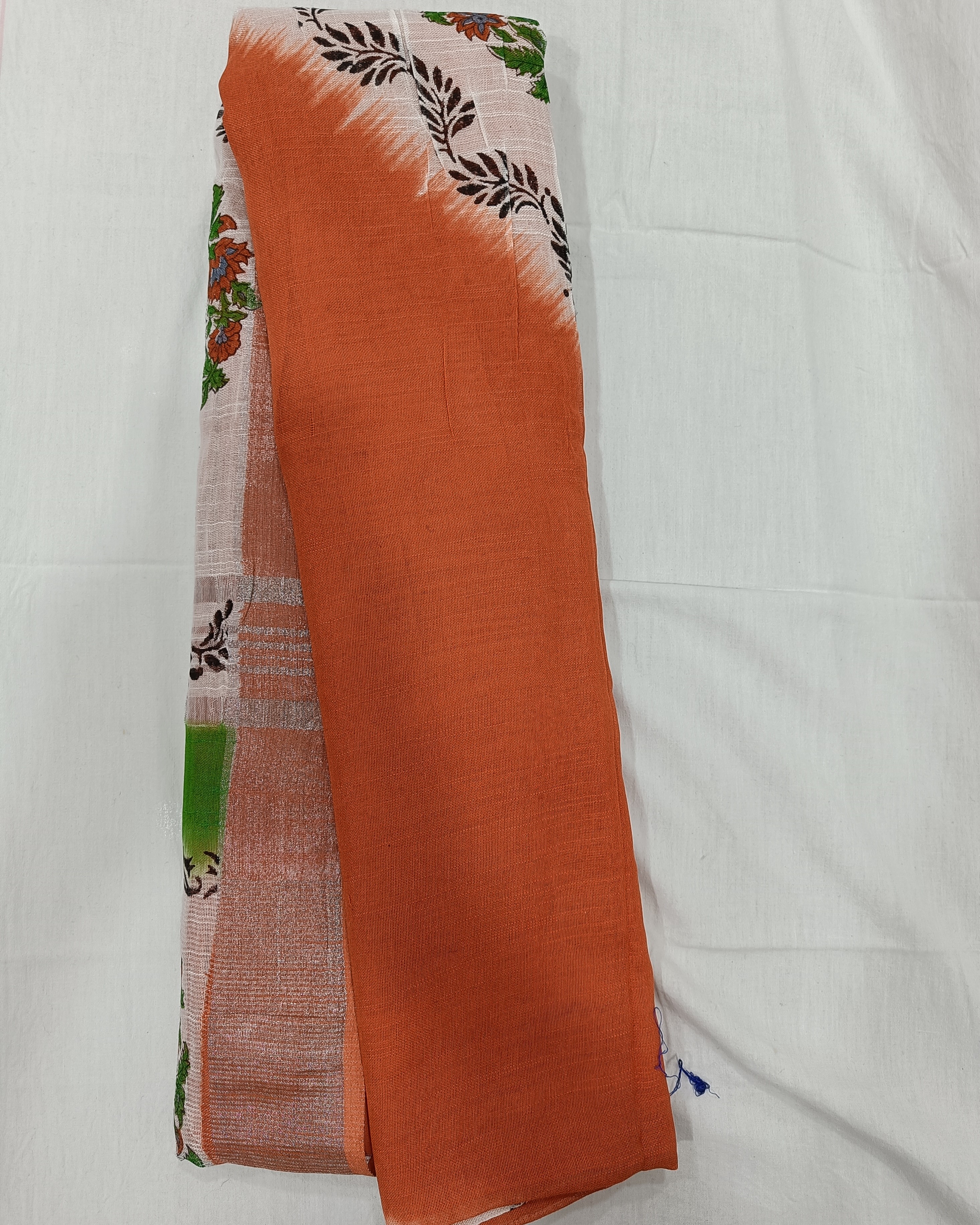 Orange Linen Saree with Diagonal Design All Over & Silver Zari Border