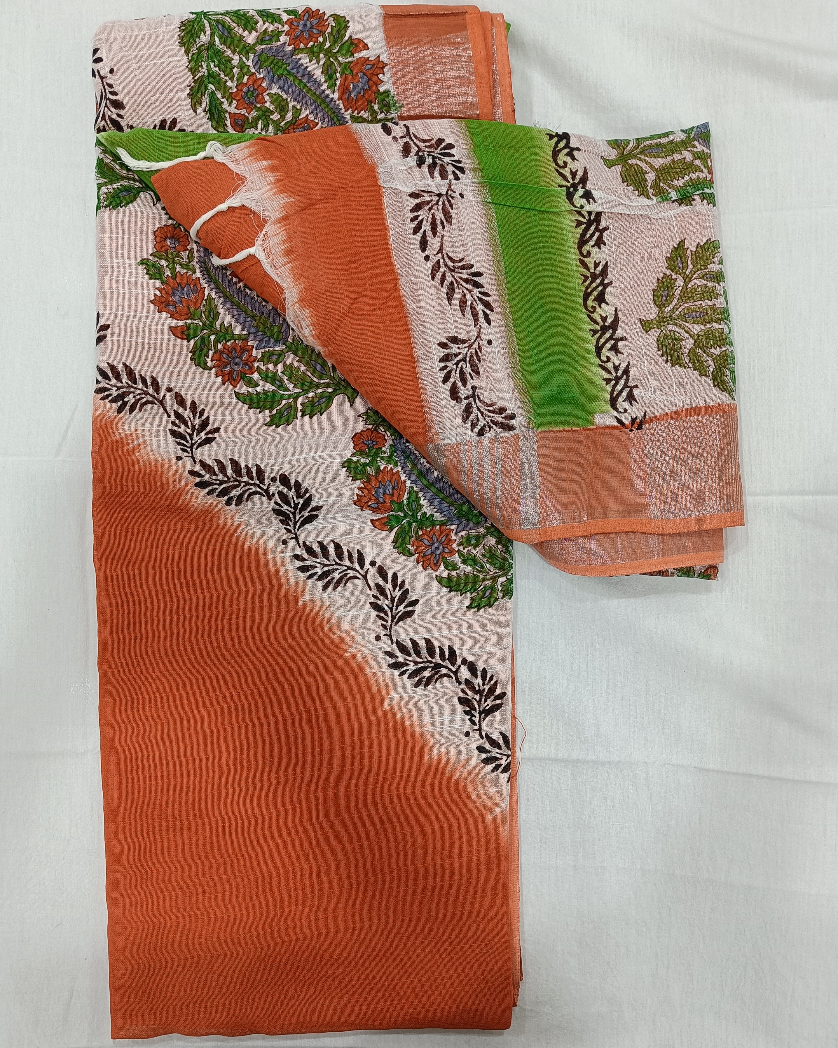 Orange Linen Saree with Diagonal Design All Over & Silver Zari Border