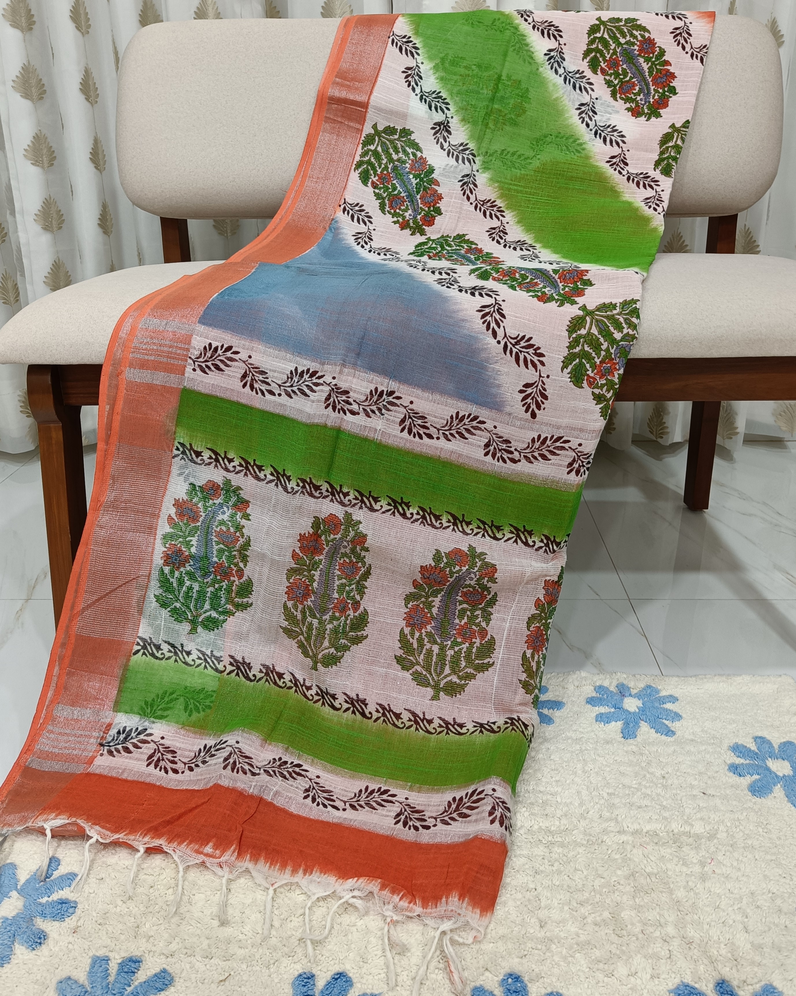 Orange Linen Saree with Diagonal Design All Over & Silver Zari Border