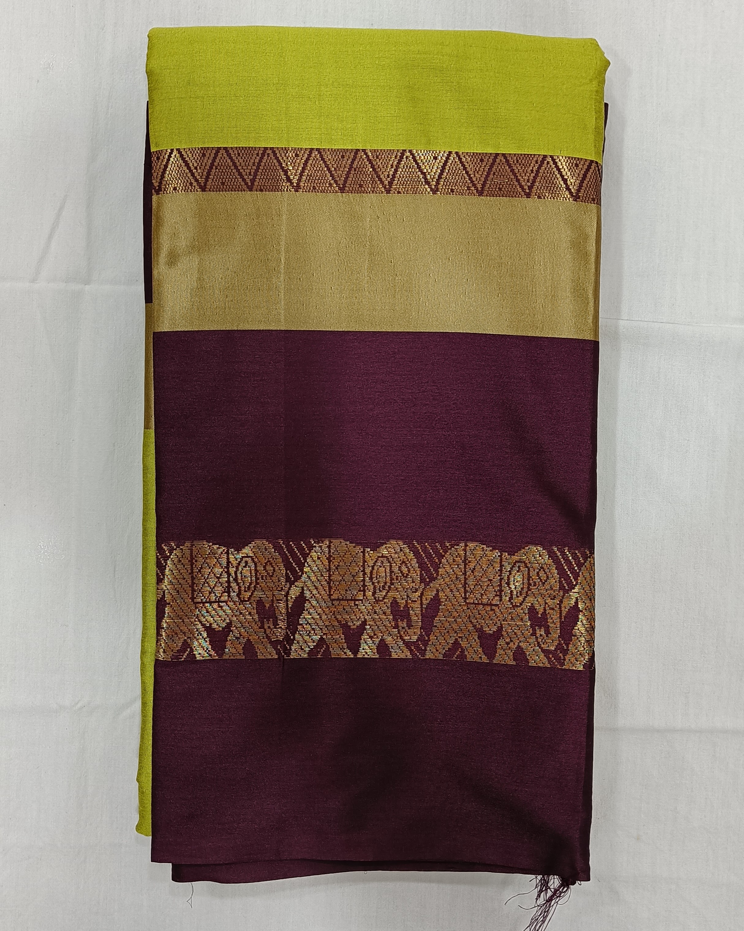 Mehendi Green Saree Having Wine Color Satin Border with Elephant Motif in Golden Zari