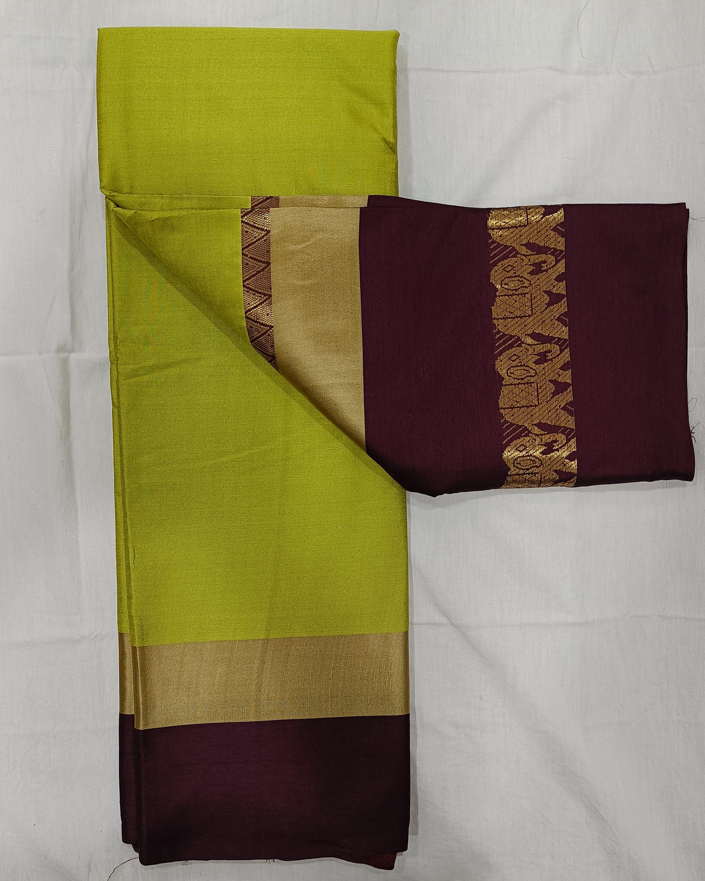 Mehendi Green Saree Having Wine Color Satin Border with Elephant Motif in Golden Zari