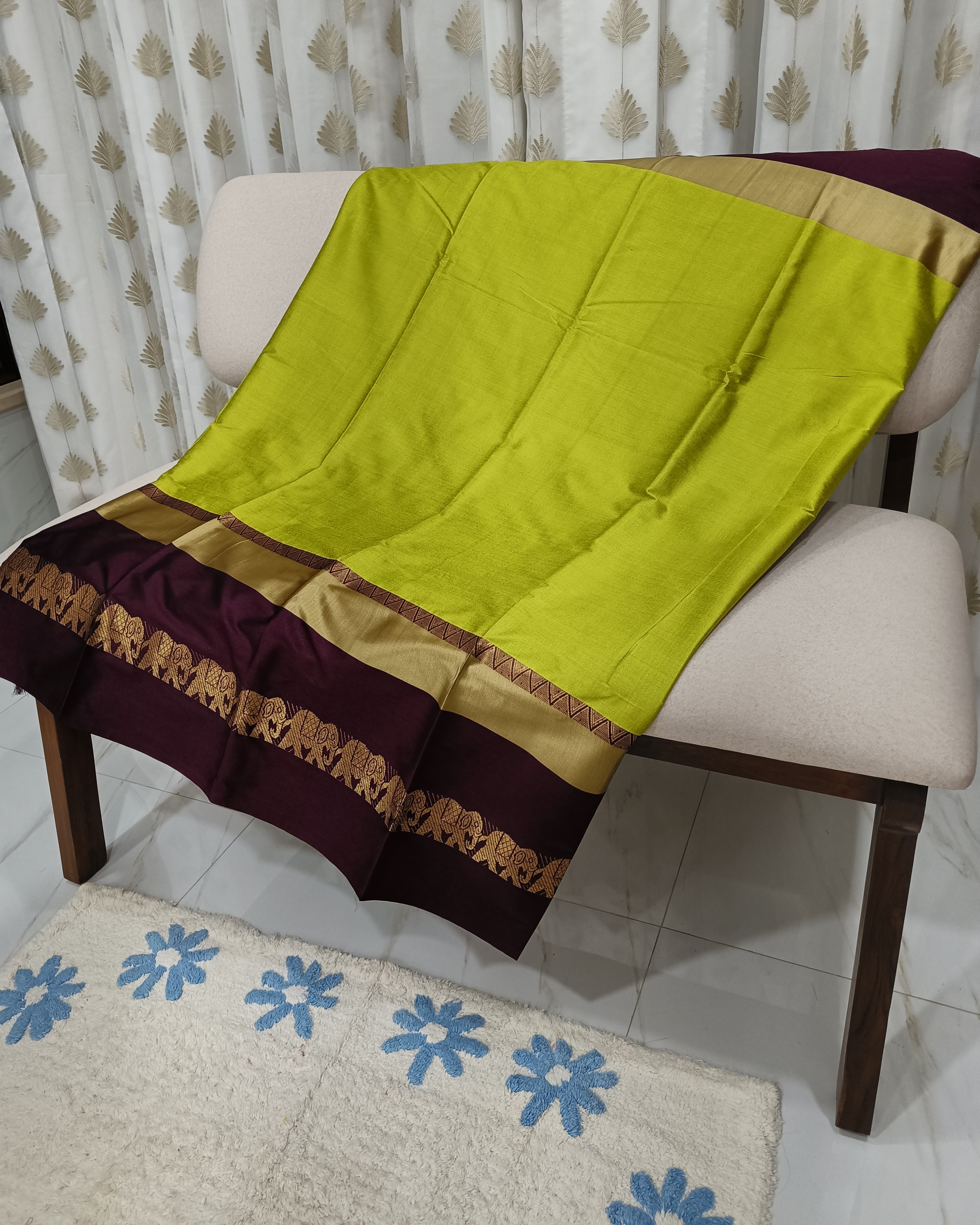 Mehendi Green Saree Having Wine Color Satin Border with Elephant Motif in Golden Zari