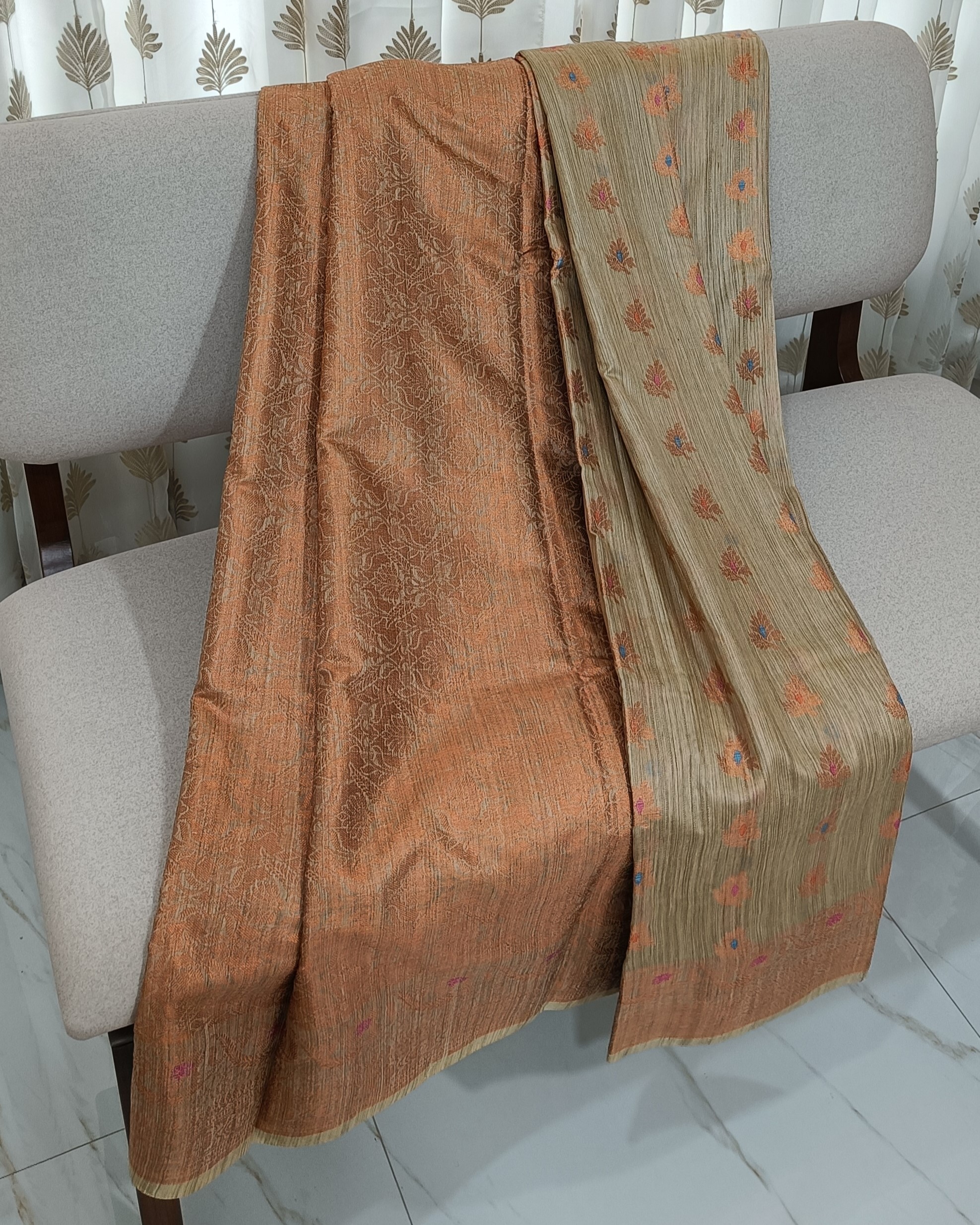 Muga Tussar Silk Saree with Peachish Pallu