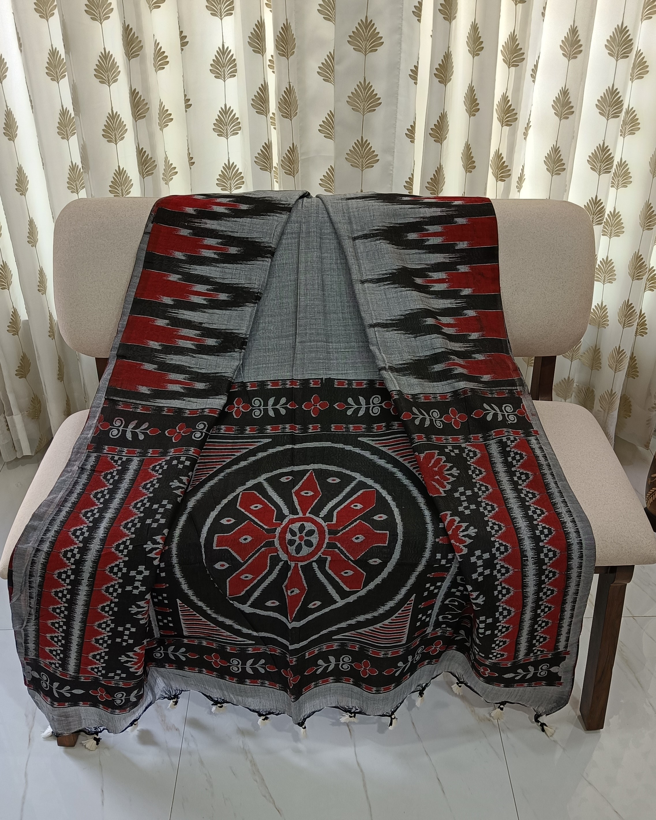 Grey Khadi Saree with Ikkat Work