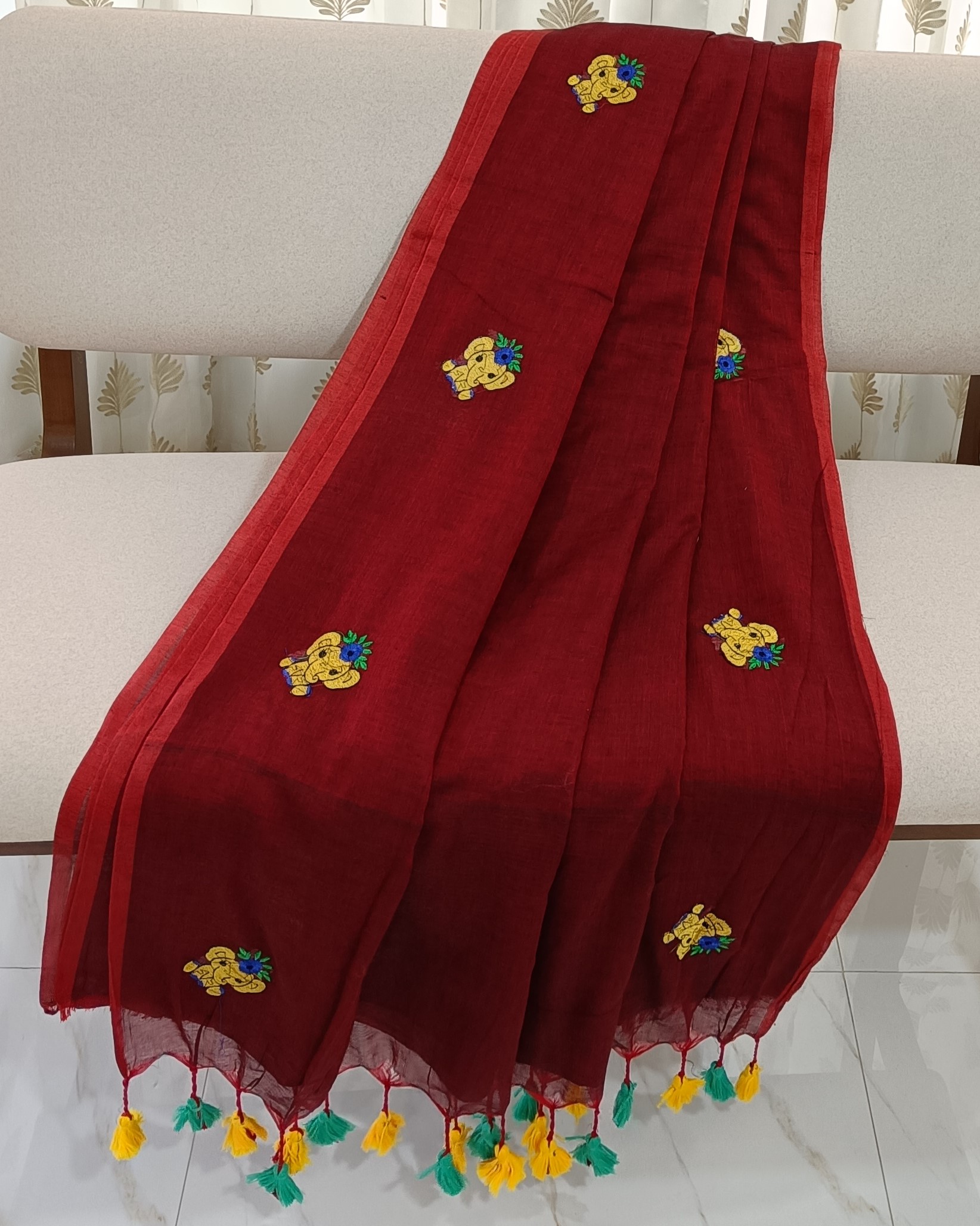 Maroon Mulmul Saree with Elephant Motif