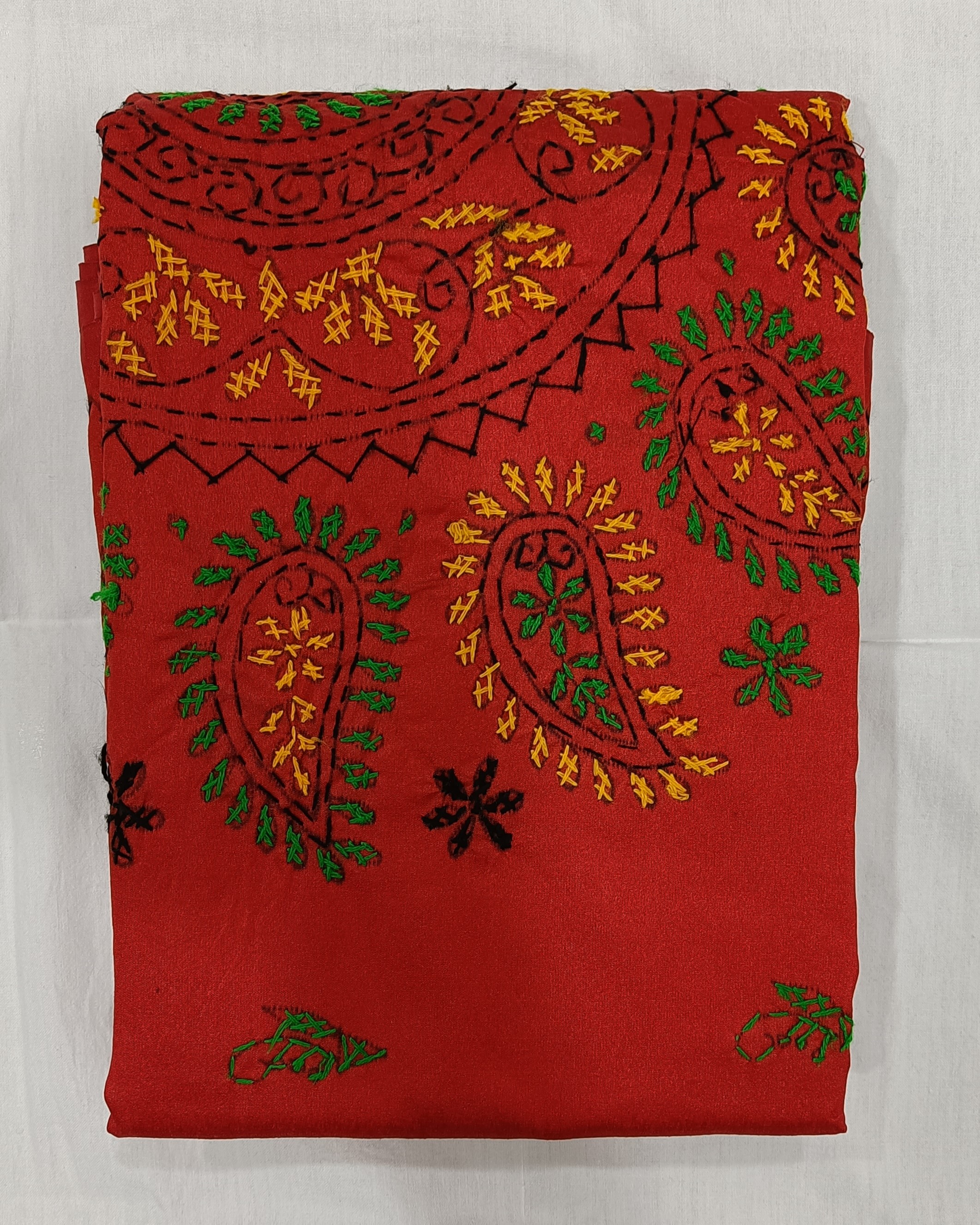 Bold Red Silk Blend Saree with Kantha Stitch Work All Over