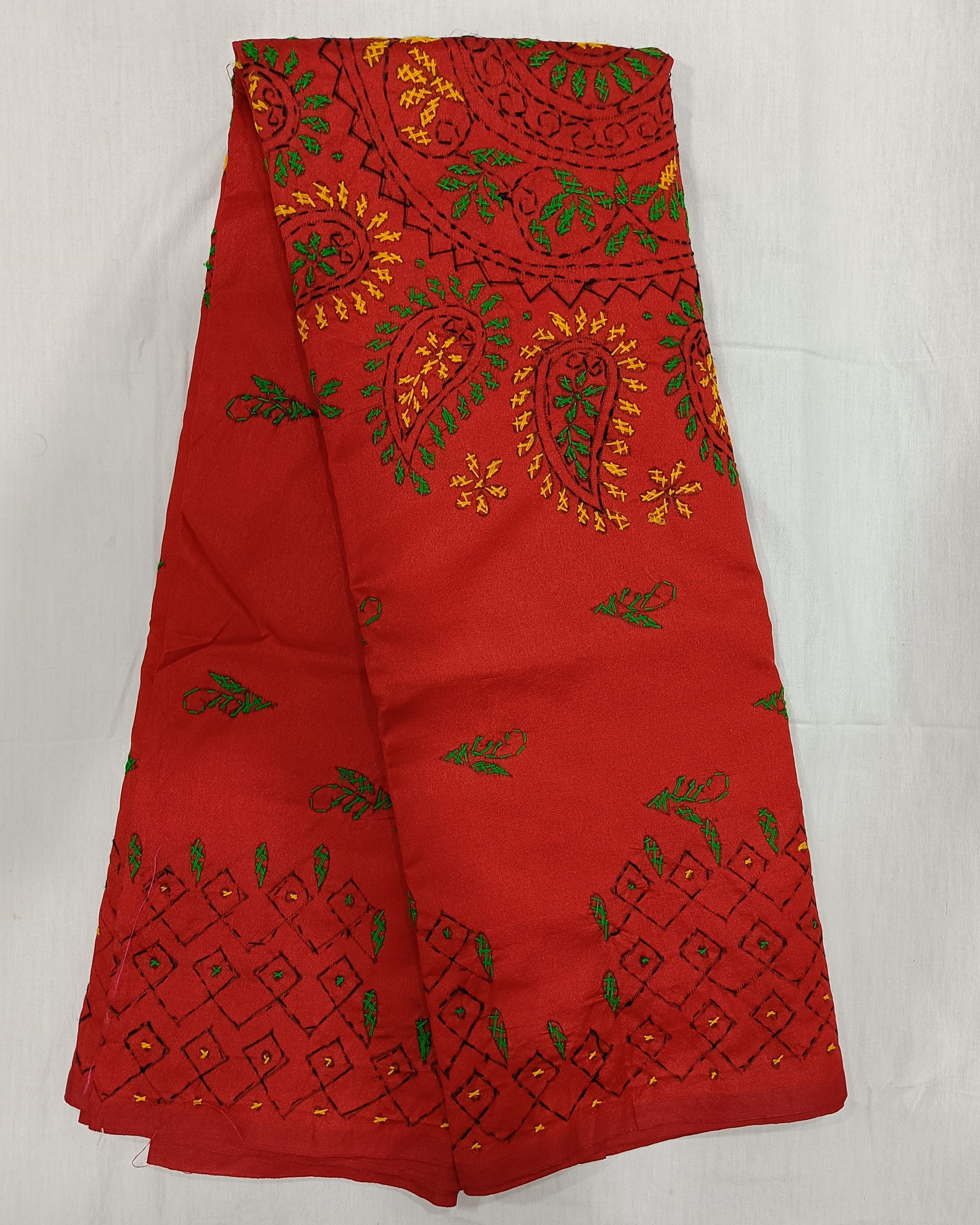 Bold Red Silk Blend Saree with Kantha Stitch Work All Over