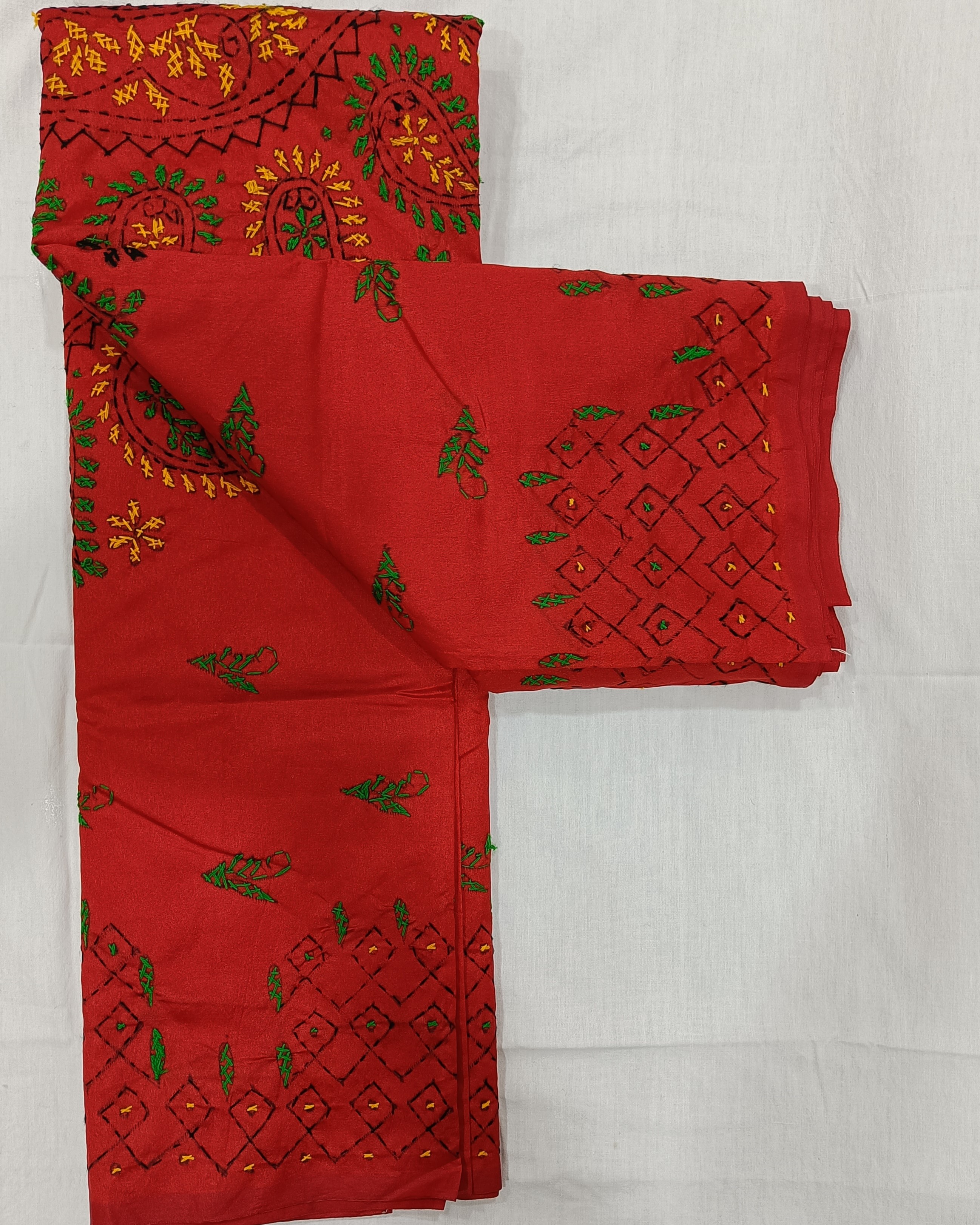 Bold Red Silk Blend Saree with Kantha Stitch Work All Over