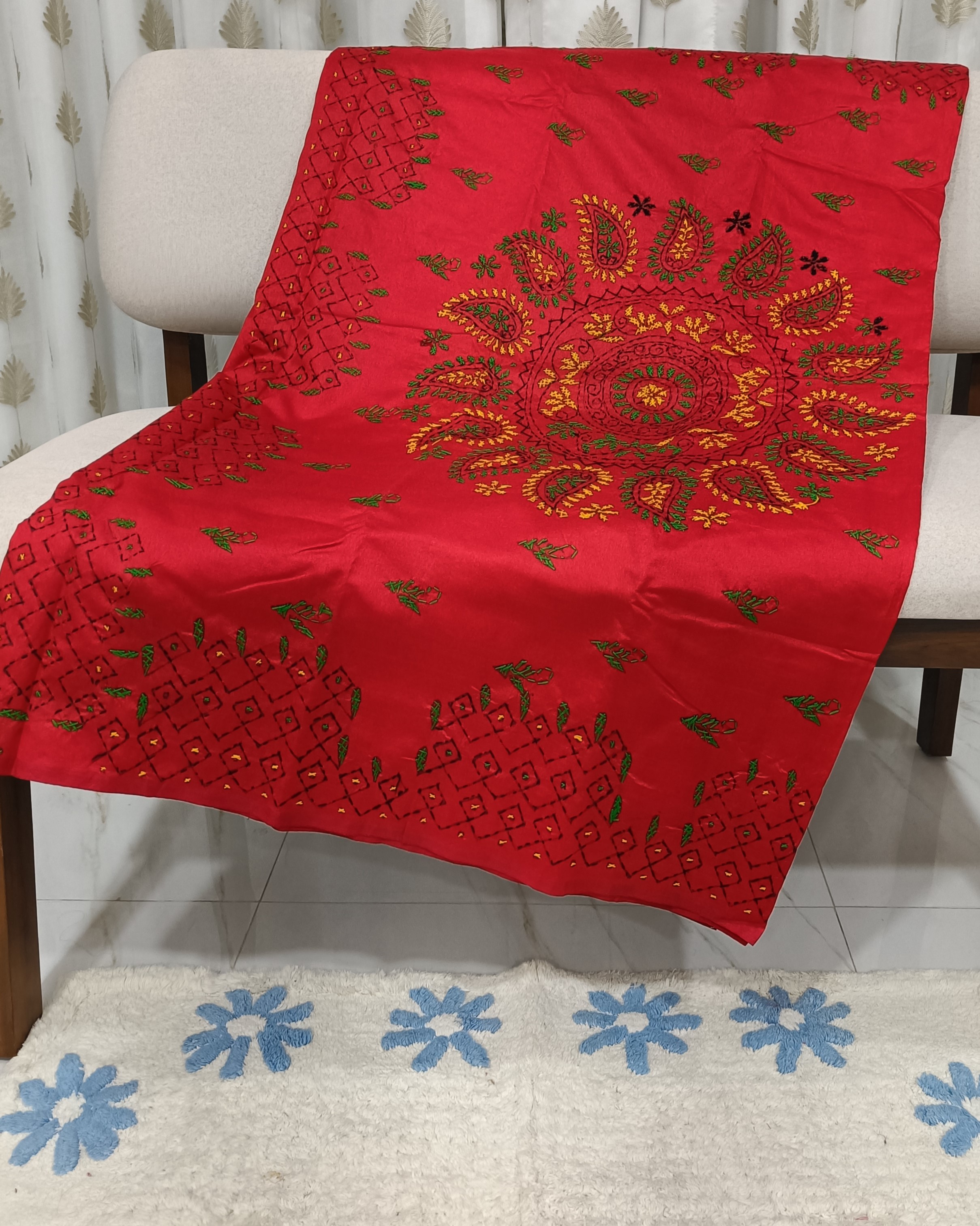Bold Red Silk Blend Saree with Kantha Stitch Work All Over