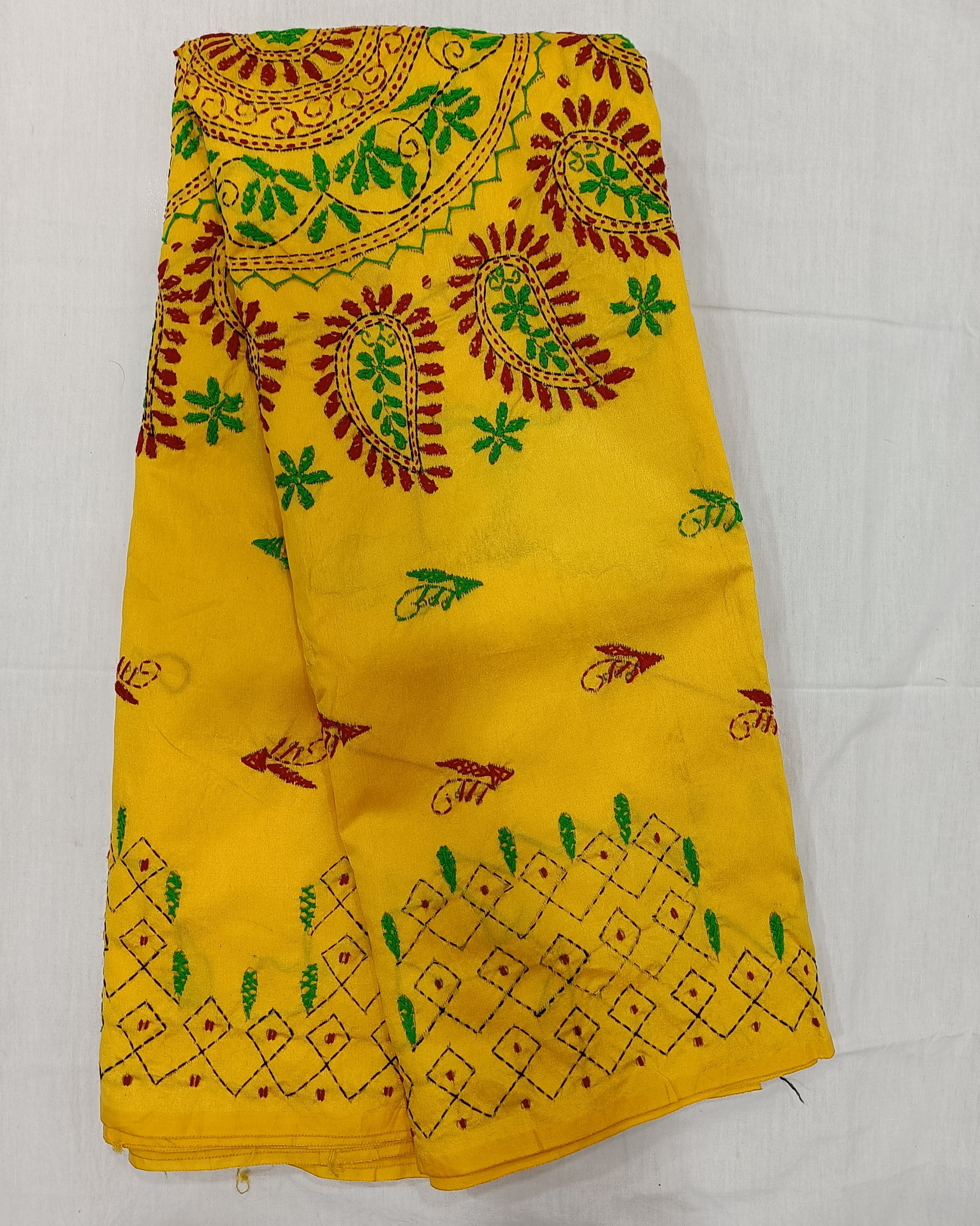 Bright Yellow Silk Blend Saree with Kantha Stitch Work All Over
