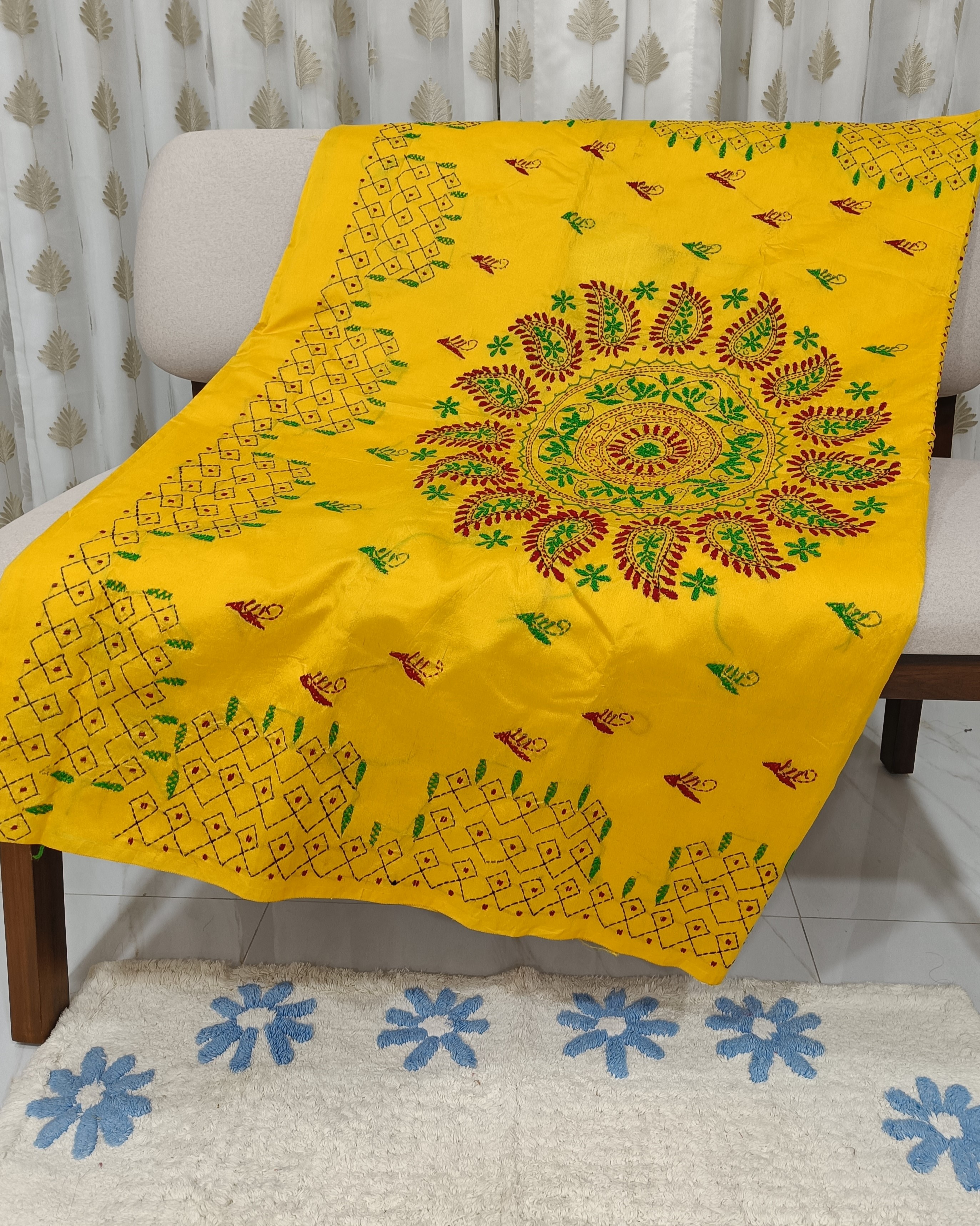 Bright Yellow Silk Blend Saree with Kantha Stitch Work All Over