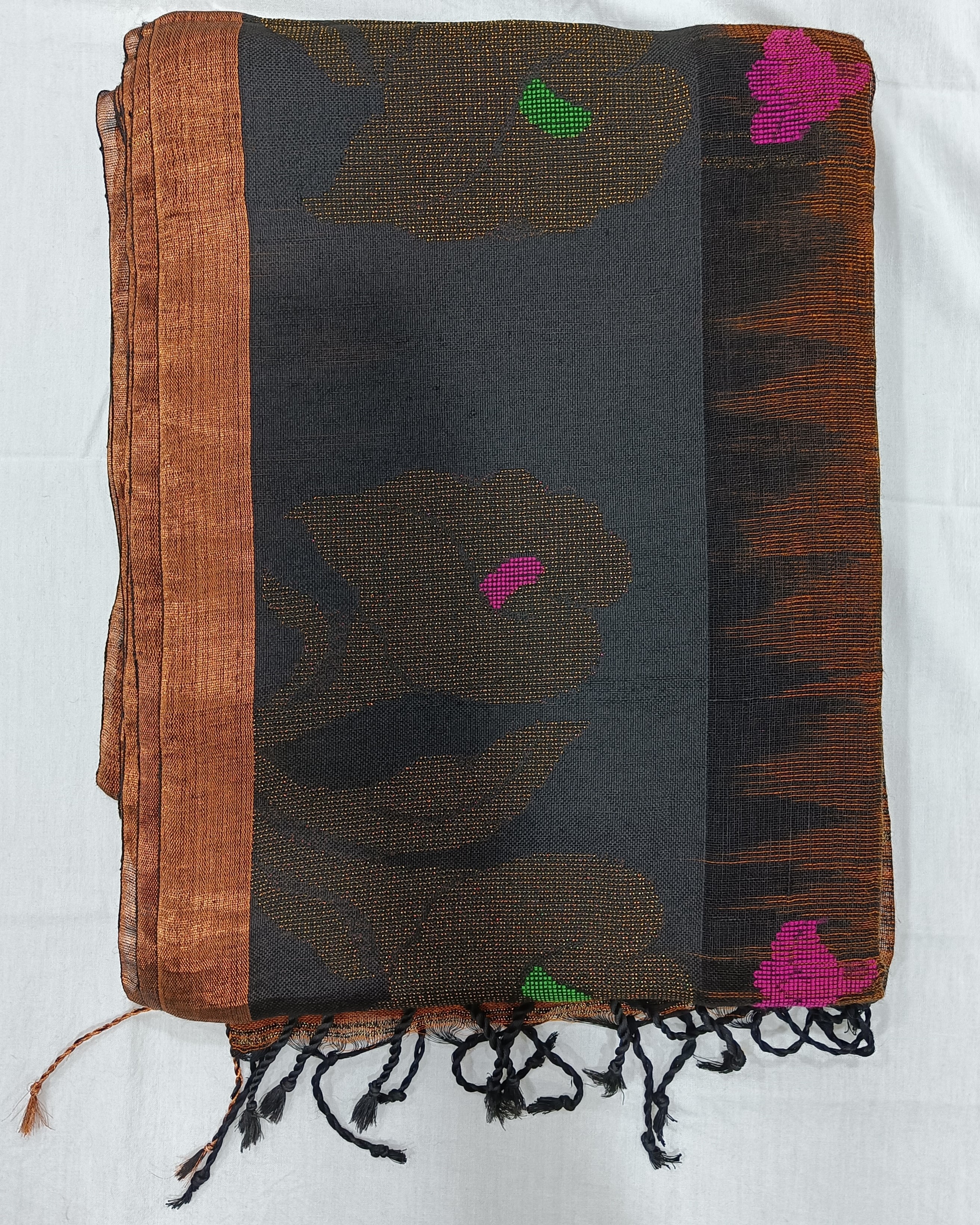 Brown Linen Saree with Weaved Flowers and Balck Pallu with Zari Flowers