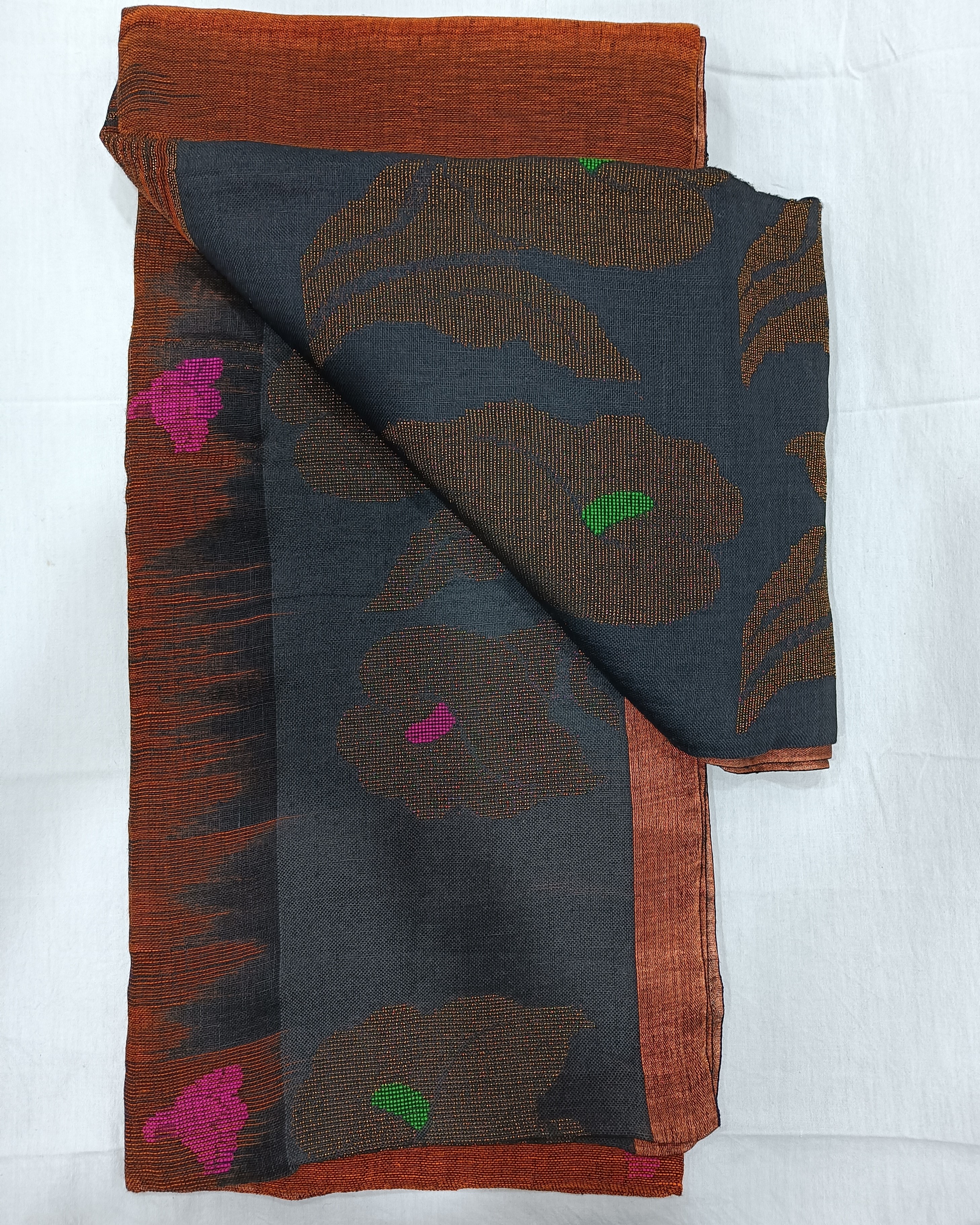 Brown Linen Saree with Weaved Flowers and Balck Pallu with Zari Flowers